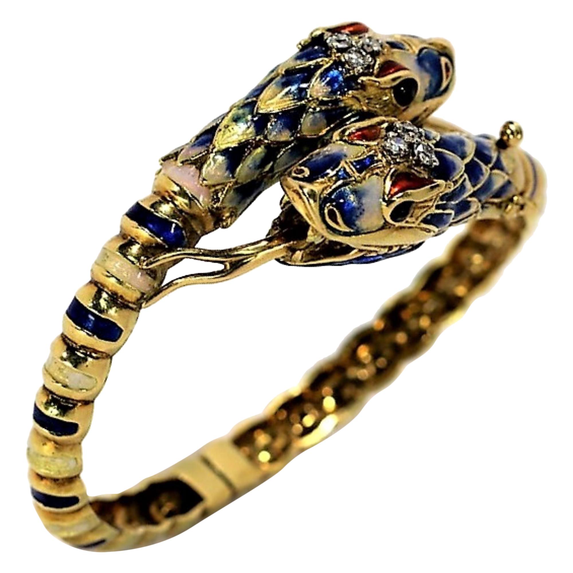 Two Headed Snake Bypass Bangle in Gold with Enamel and Diamonds