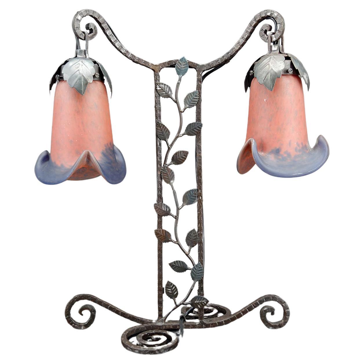 Two-headed wrought iron lamp by Muller, Art Deco, France, Circa 1920 For Sale