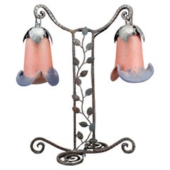 Antique Two-headed wrought iron lamp by Muller, Art Deco, France, Circa 1920