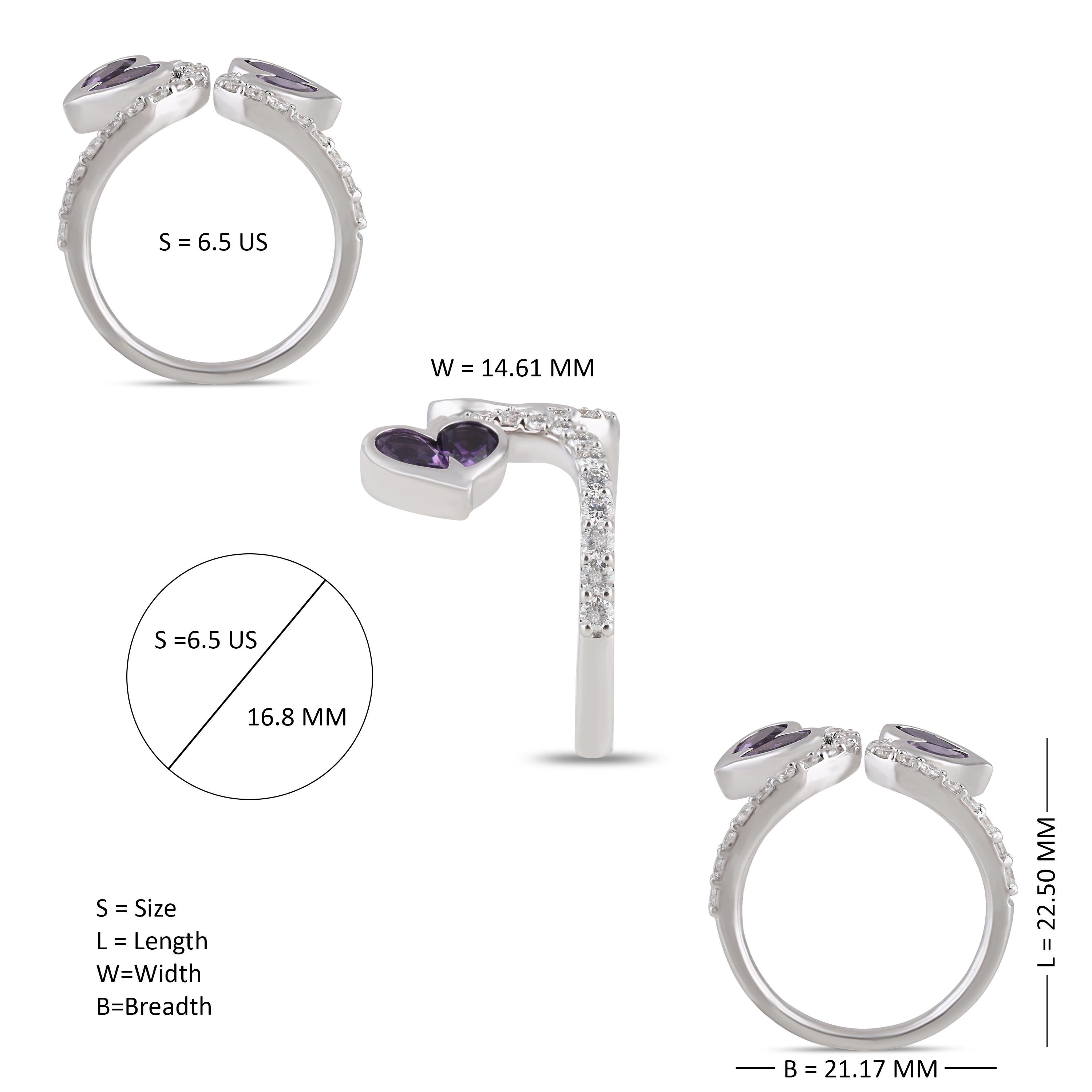 Modern Studio Rêves Two Hearts Open Band Ring with Diamonds and Amethysts in 18K Gold For Sale