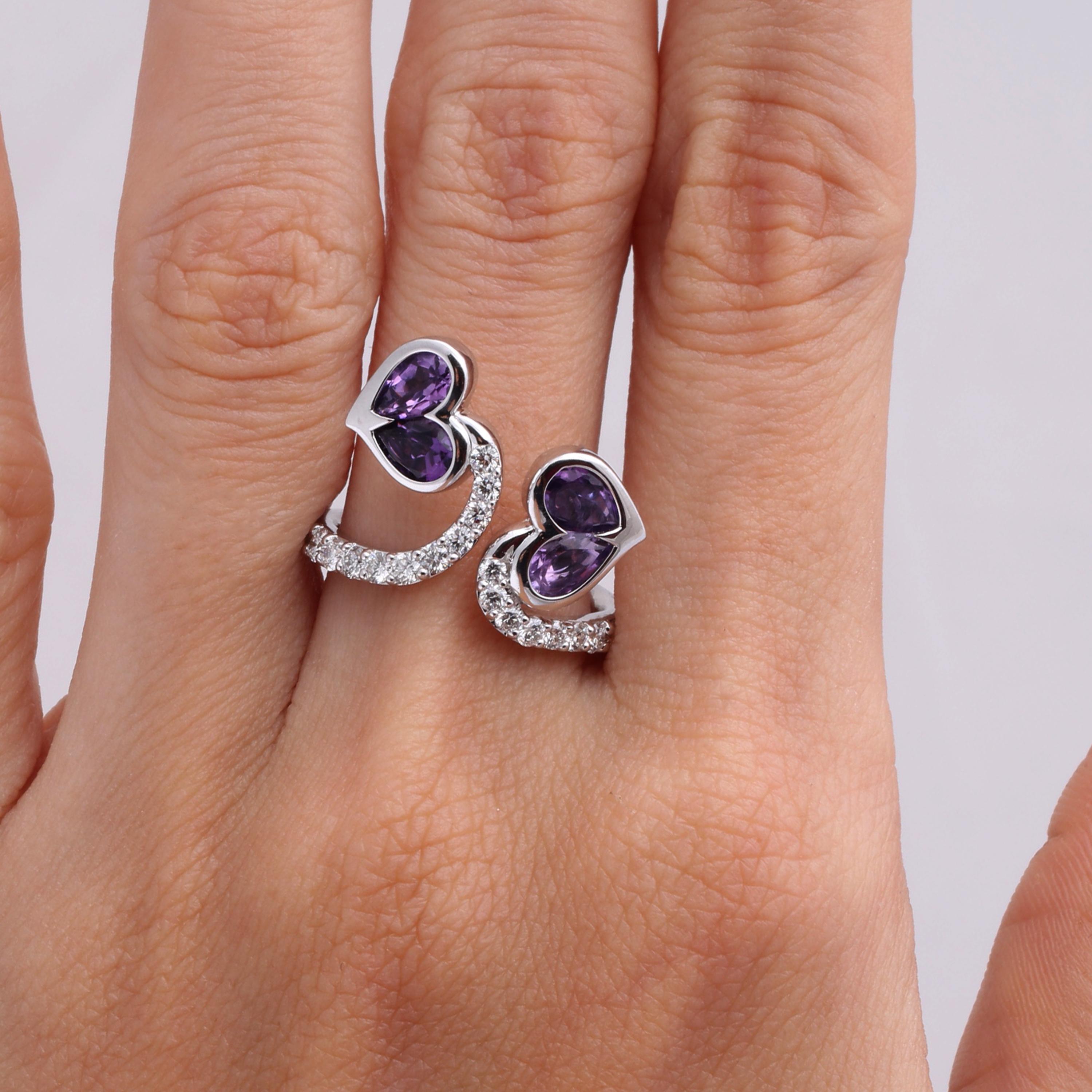 Gross Weight: 5.78 Grams
Diamond Weight: 0.52 cts
Amethyst Weight: 1.25 cts
Ring Size: US 6.5 (Resizing Can be done)
IGI Certification can be done on request

Video of the product can be shared on request.

Four perfectly matched pear shaped