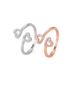 Two Hearts Open Sterling Siver Natural Pave Diamond Ring Wedding Gift For Women.