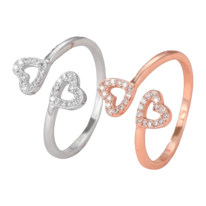 Two Hearts Open Sterling Siver Natural Pave Diamond Ring Wedding Gift For Women. For Sale