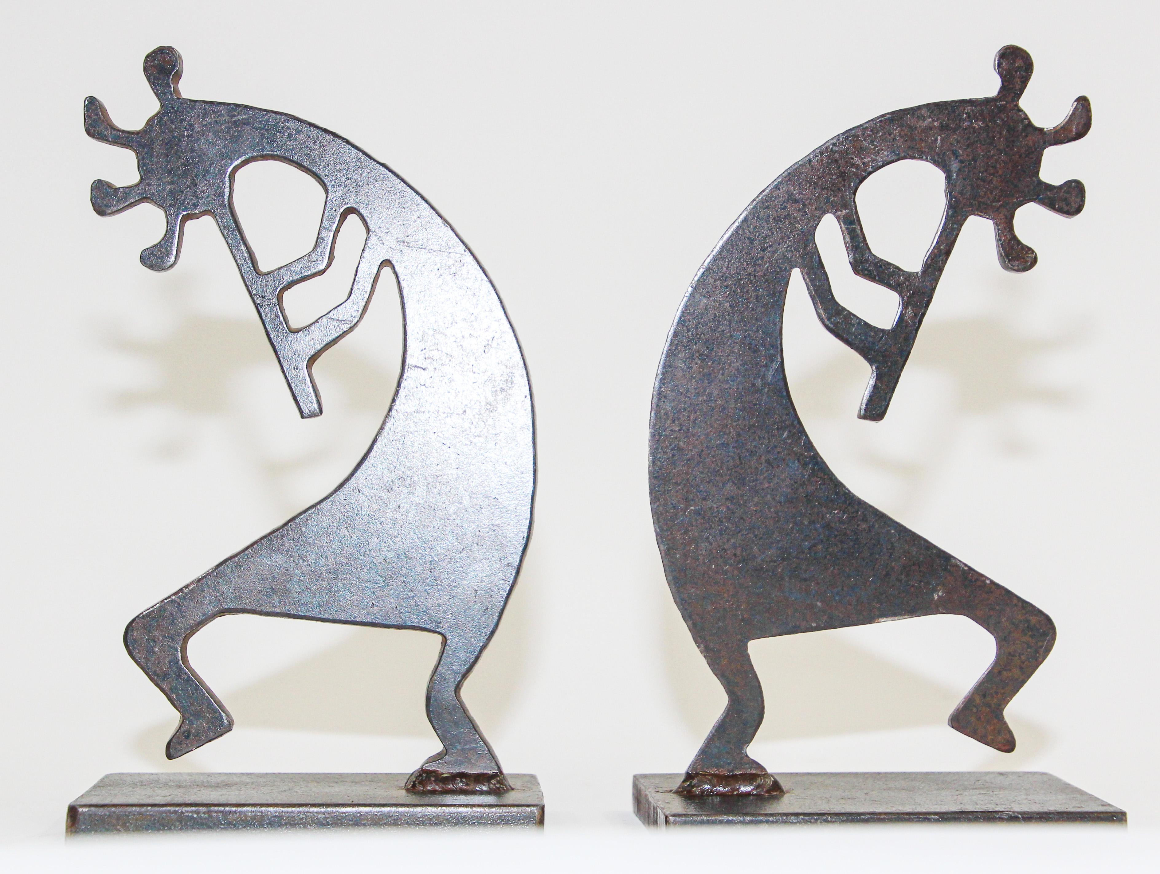 Brutalist Two Heavy Southwest Kokopelli Metal Sculptures Bookends For Sale