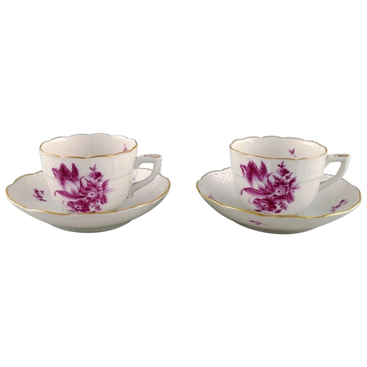 Two Herend Coffee Cups with Saucers in Hand Painted Porcelain, 1950s