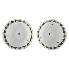 Retro Two Herend Green Grape Leaf & Vine Bowls in Hand-Painted Porcelain, Mid-20th C