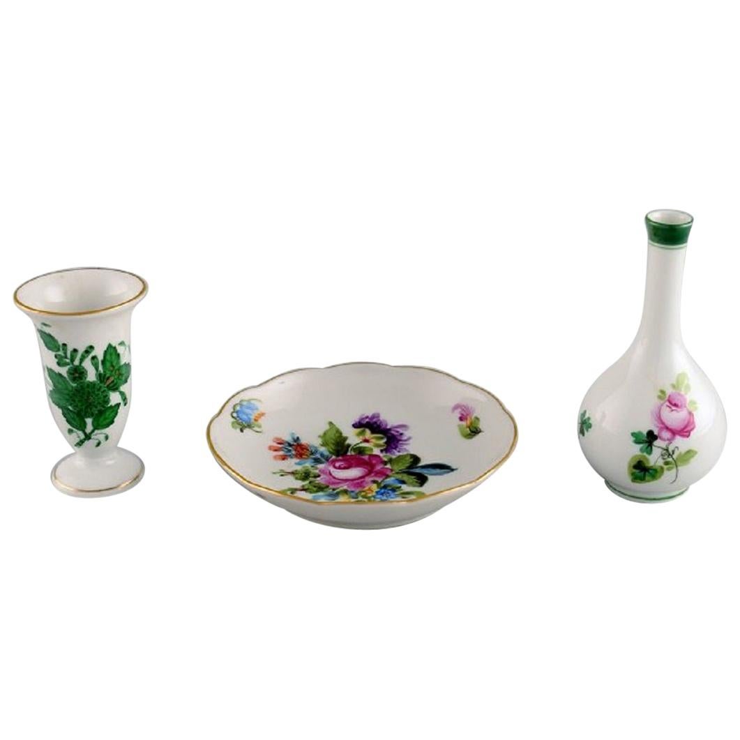 Two Herend Miniature Vases and a Small Dish in Hand-Painted Porcelain, 1980s