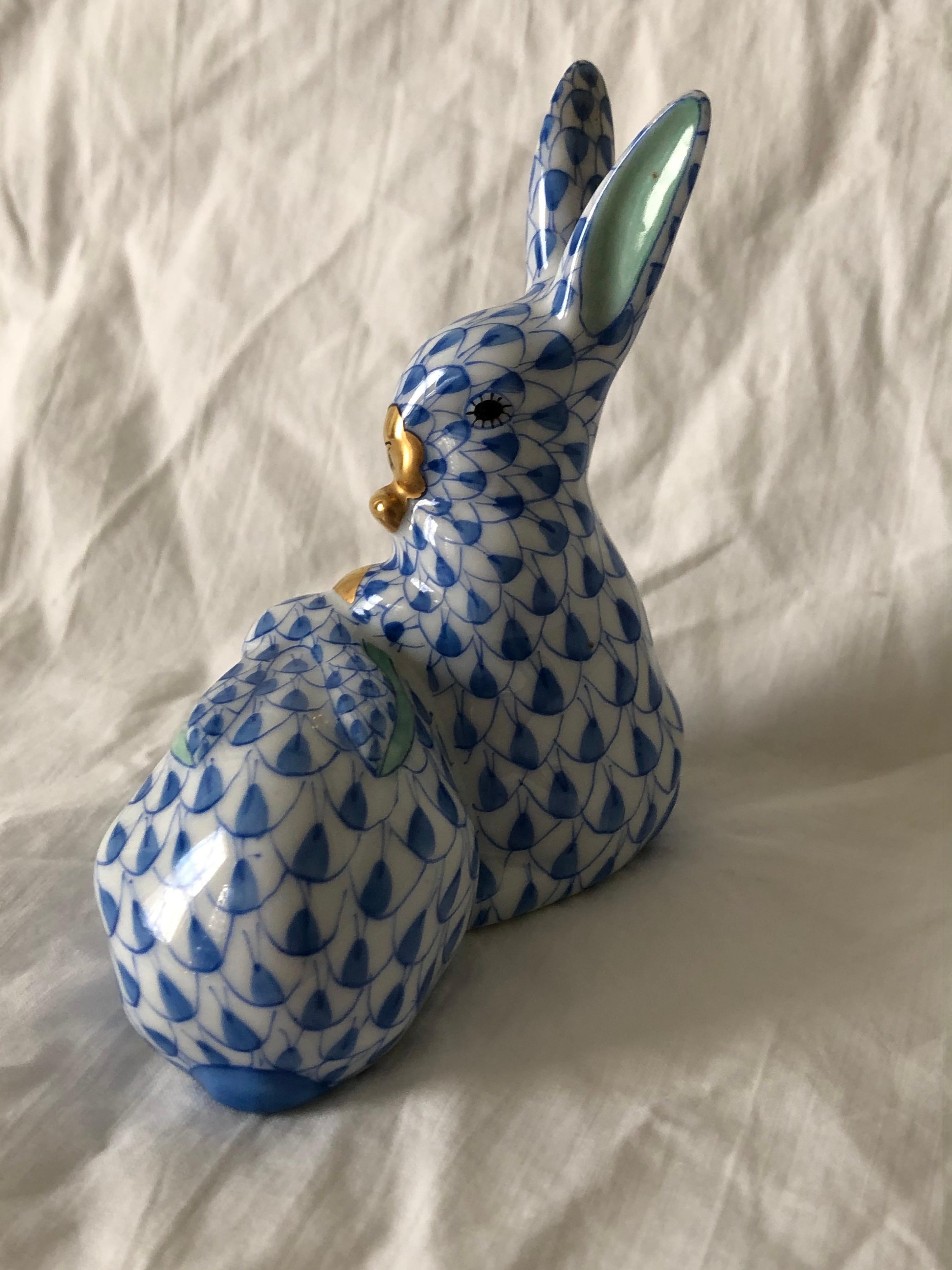 Hungarian Two Herend Porcelain Rabbits Cuddling Together with Corn Cob