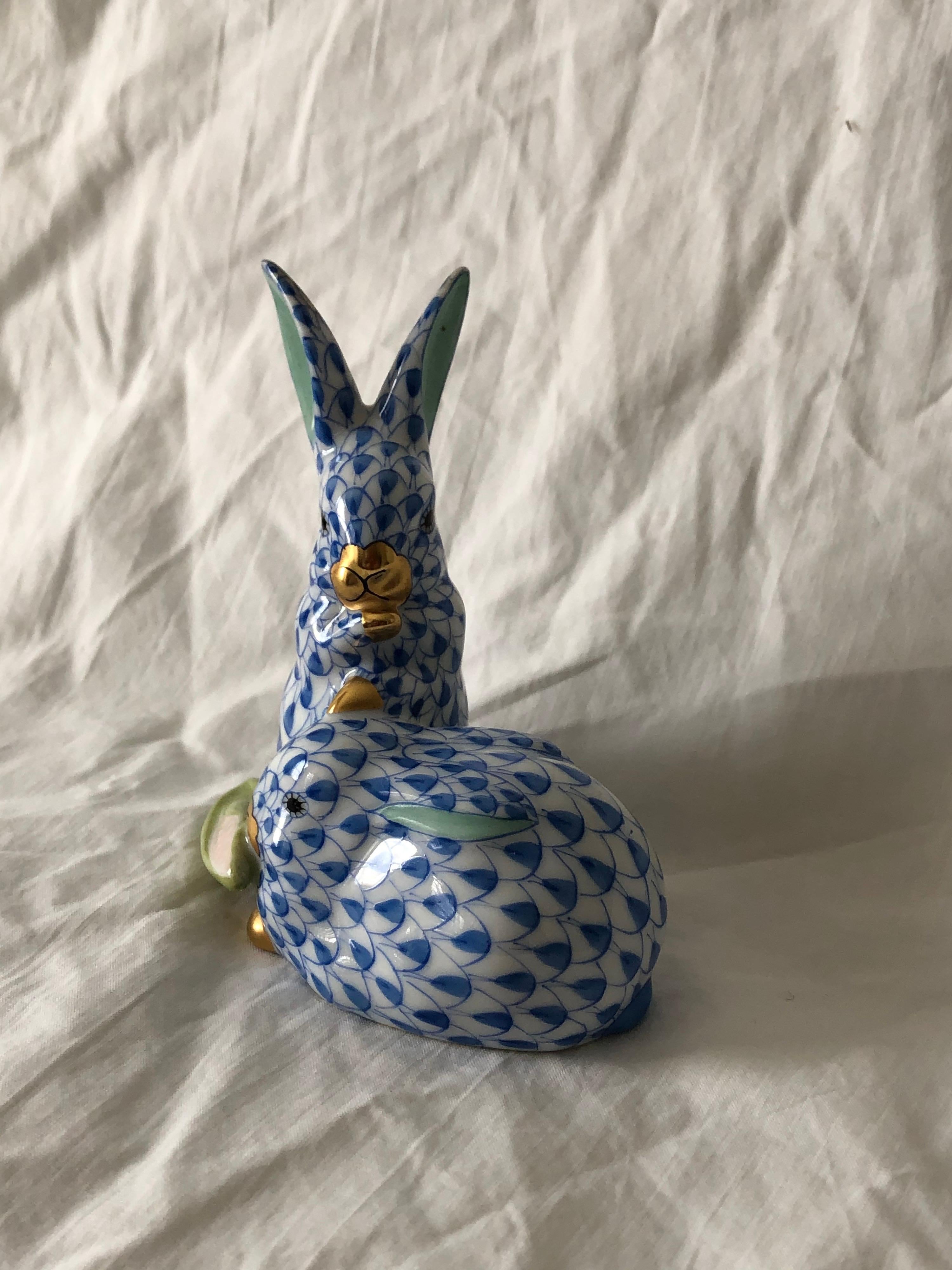 Two Herend Porcelain Rabbits Cuddling Together with Corn Cob In Good Condition In Hudson, NY