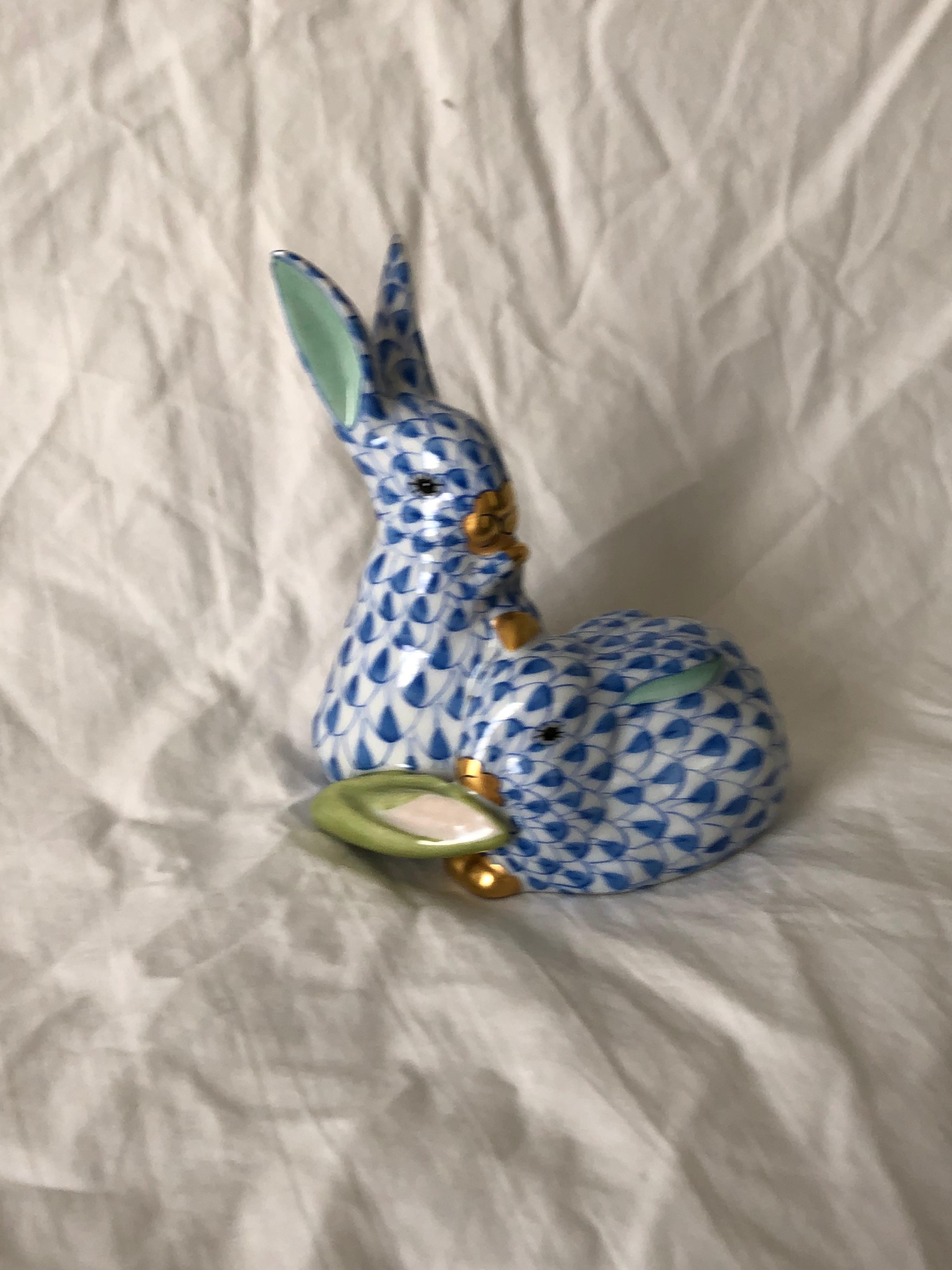 Late 20th Century Two Herend Porcelain Rabbits Cuddling Together with Corn Cob