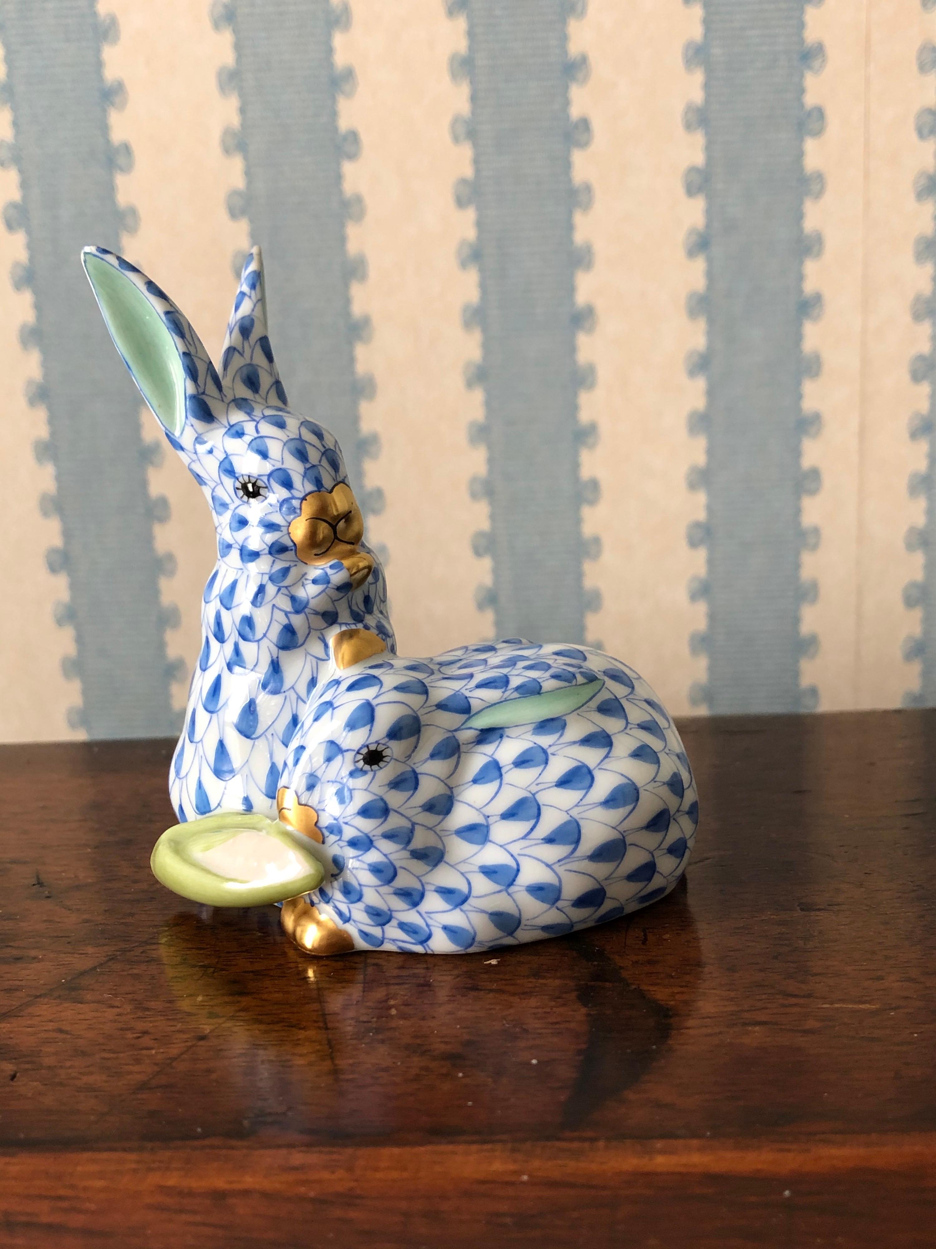 Two Herend Porcelain Rabbits Cuddling Together with Corn Cob 1