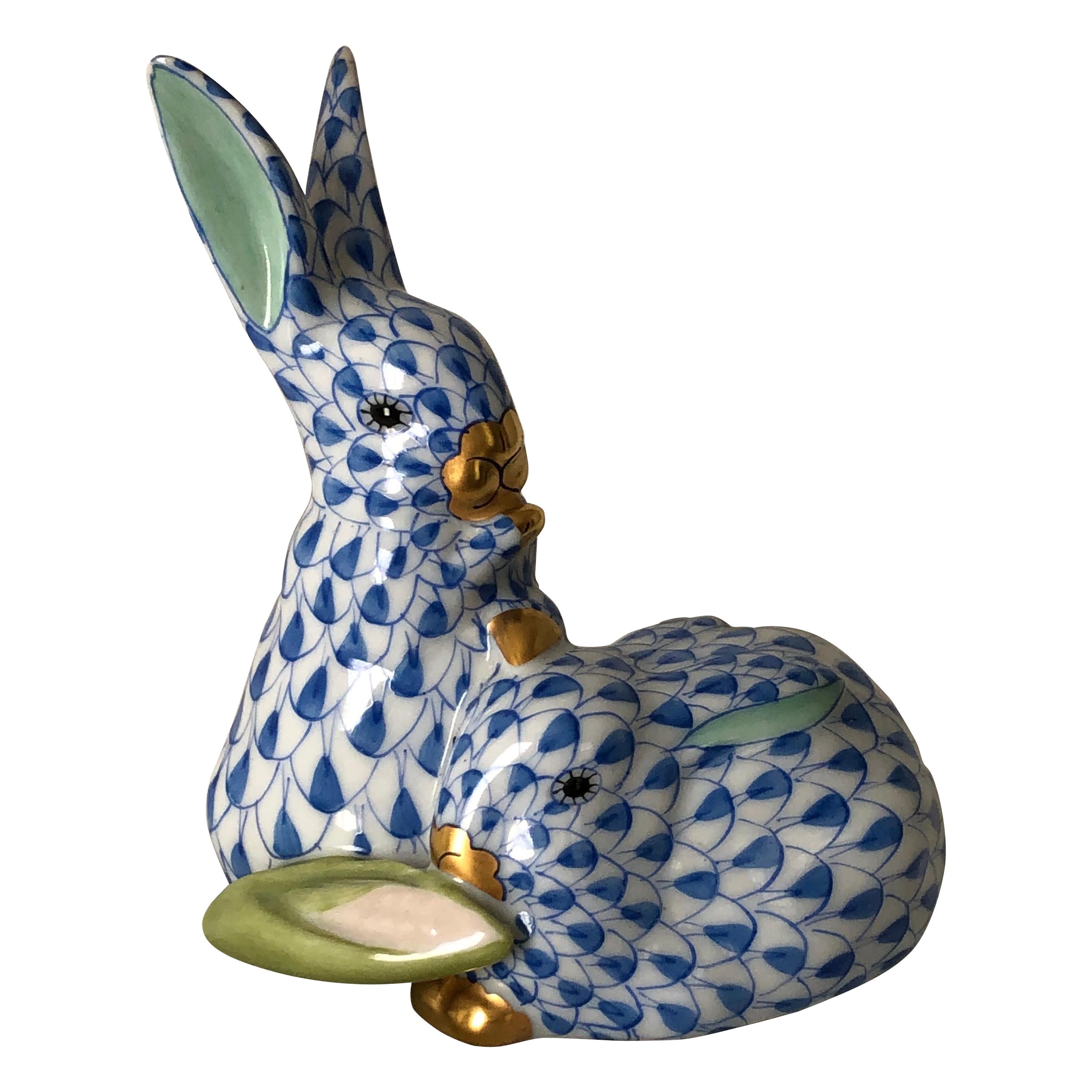Two Herend Porcelain Rabbits Cuddling Together with Corn Cob