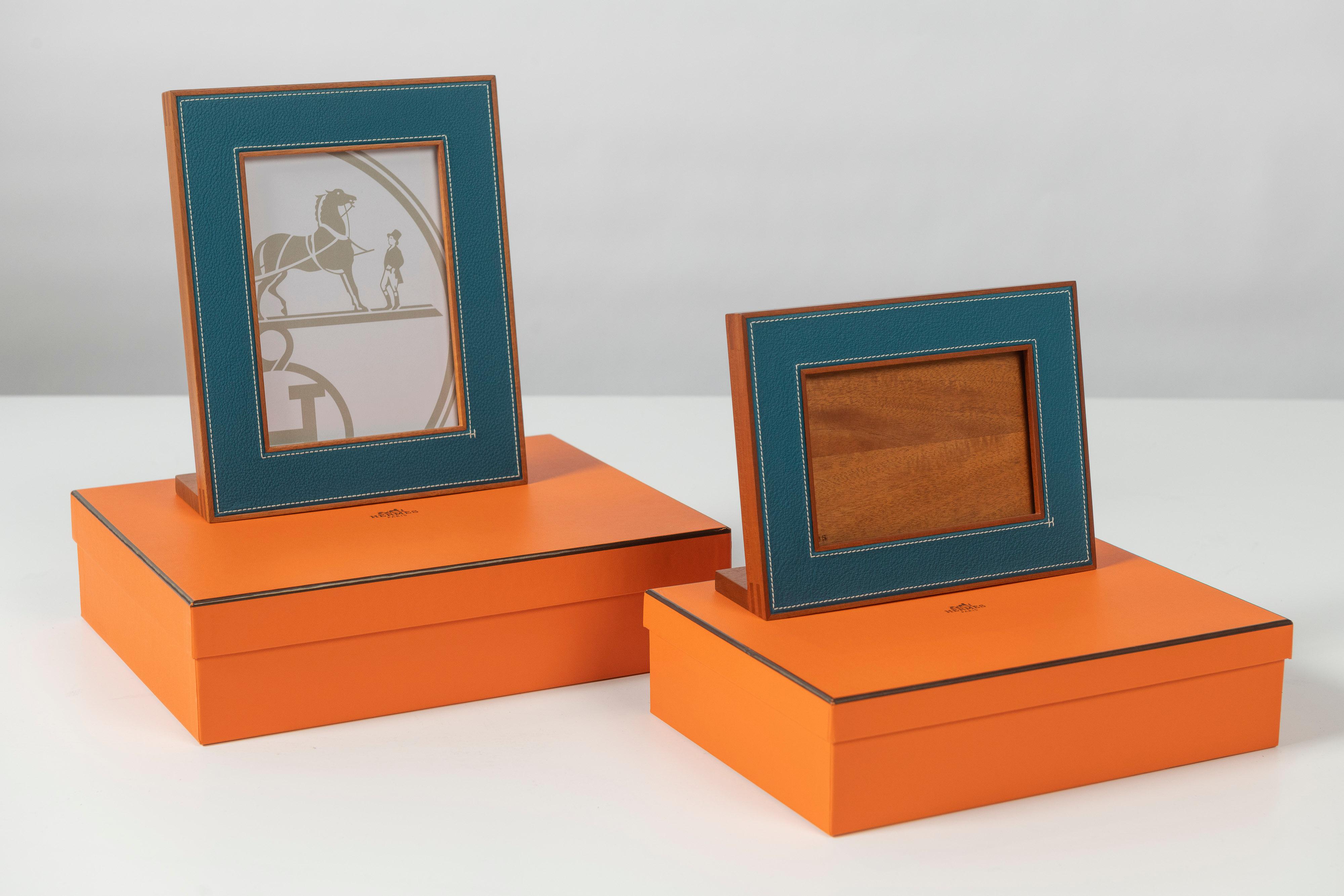 Glass Two Hermes Pleiade Picture Frames in Saddle Stitched Smooth Taurillon Leather