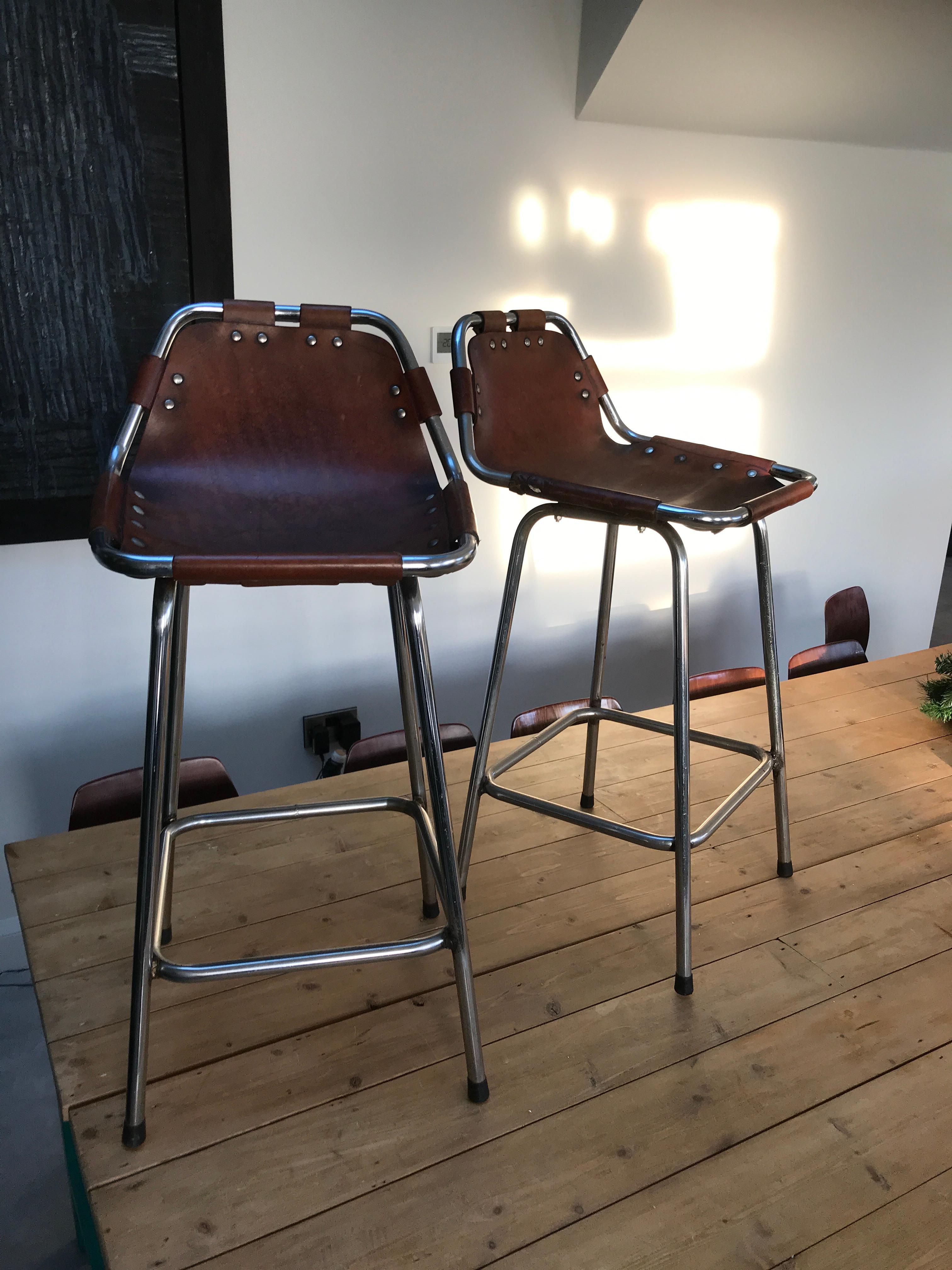 Mid-Century Modern Two High Bar Stools Selected by Charlotte Perriand for the Les Arcs Ski Resort