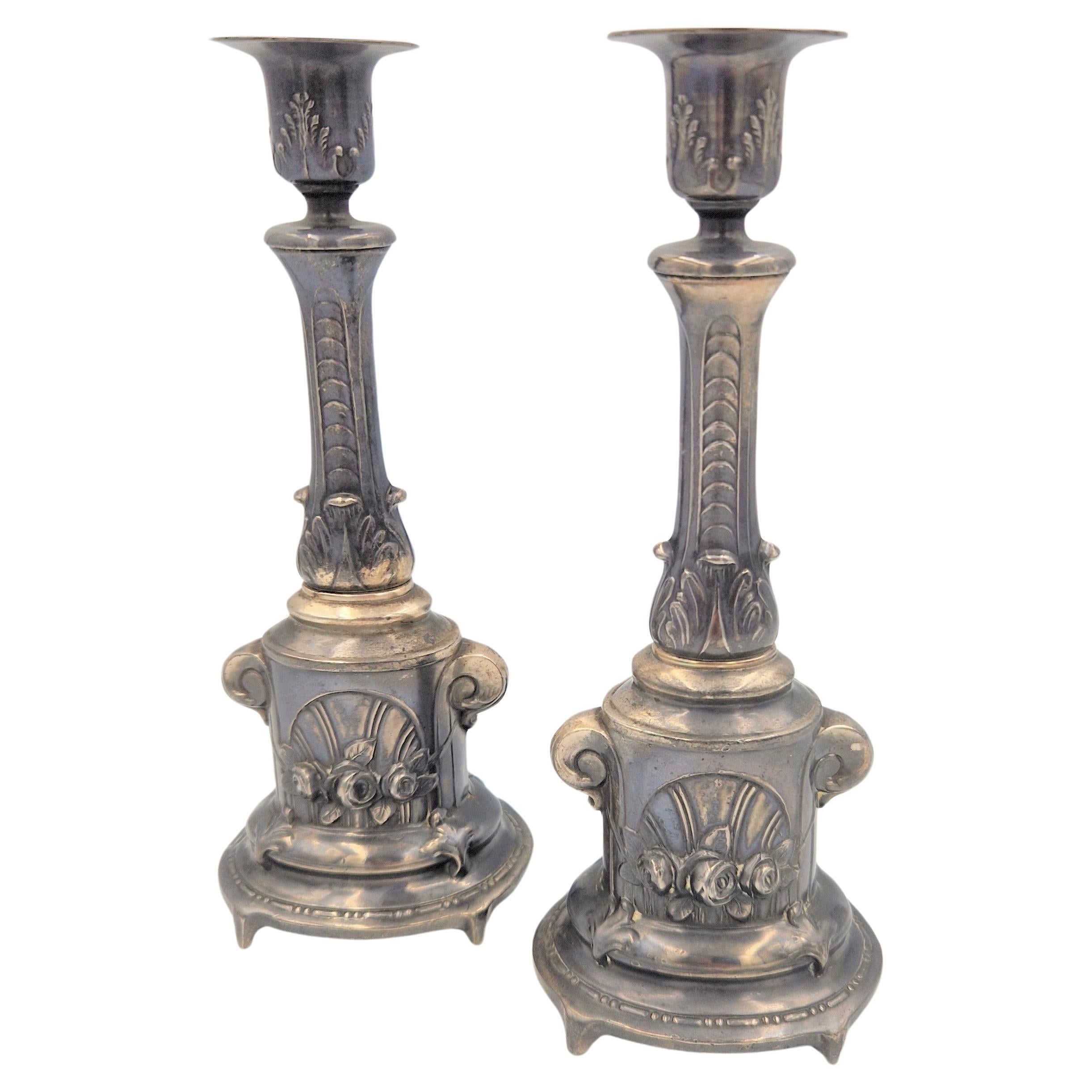 Two historicism silver plated candle stand. 1850 - 1880