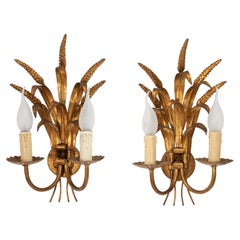 Two Hollywood Regency Wheatsheaf Gilded Metal Wall Lights