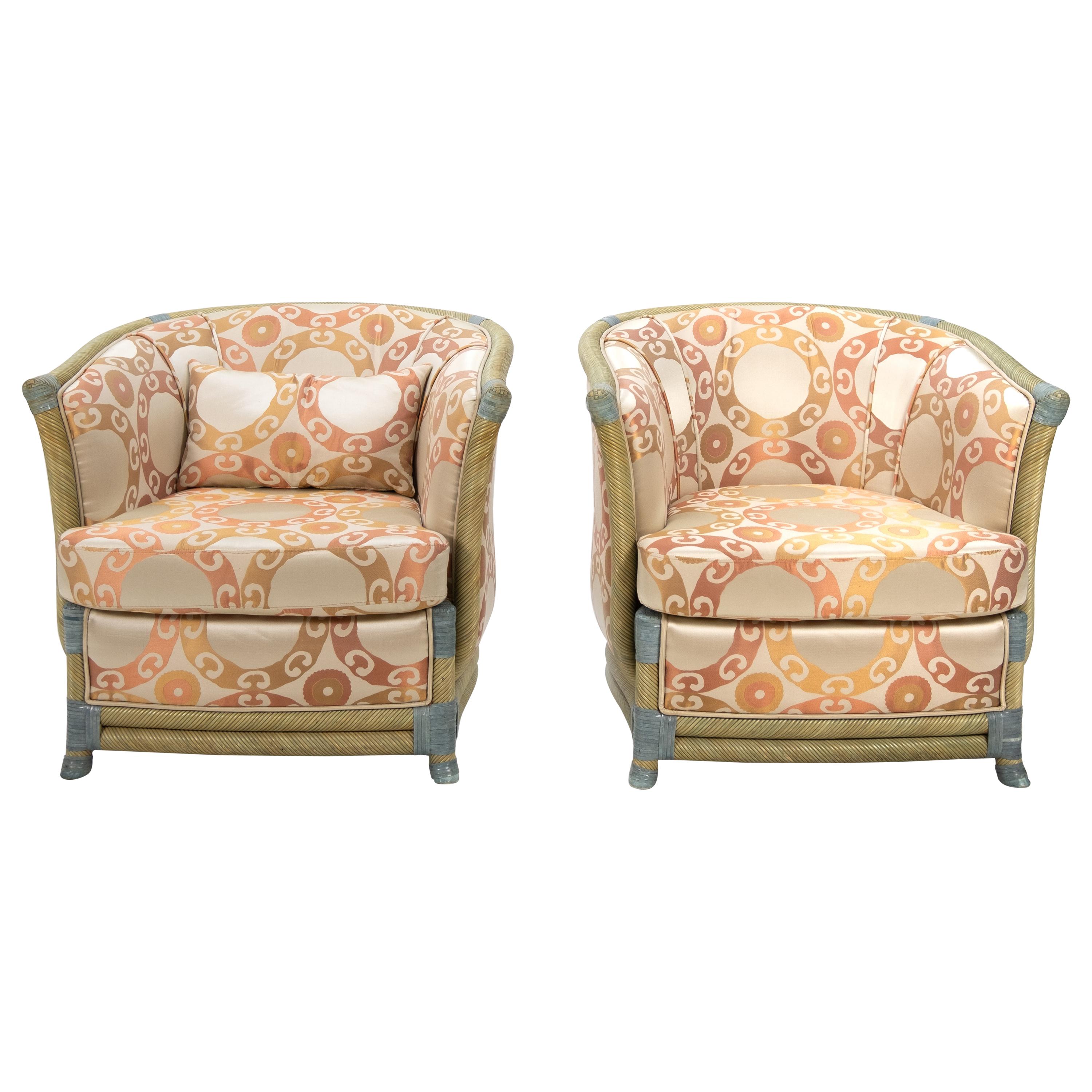 Two Hollywood Regency Wicker Club Fauteuils, France, 1980s