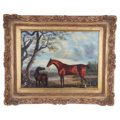 Two Horses and a Dog Castle Beyond Landscape Oil Painting After Charles Towne