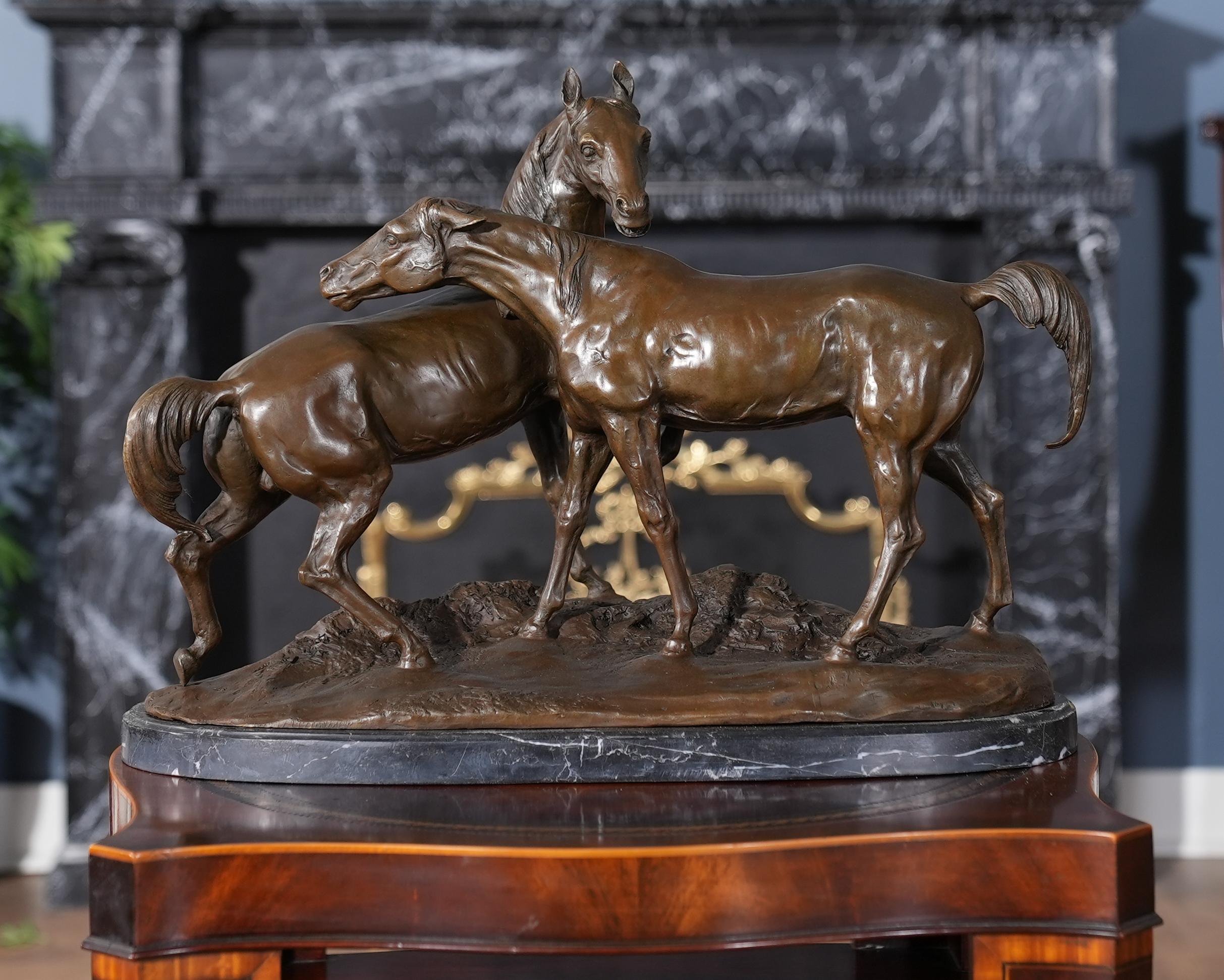 Graceful even when standing still the Two Horses on Marble Base is a striking addition to any setting. Using traditional lost wax casting methods the Two Horses statue is created in pieces and then joined together with brazing and hand chaised
