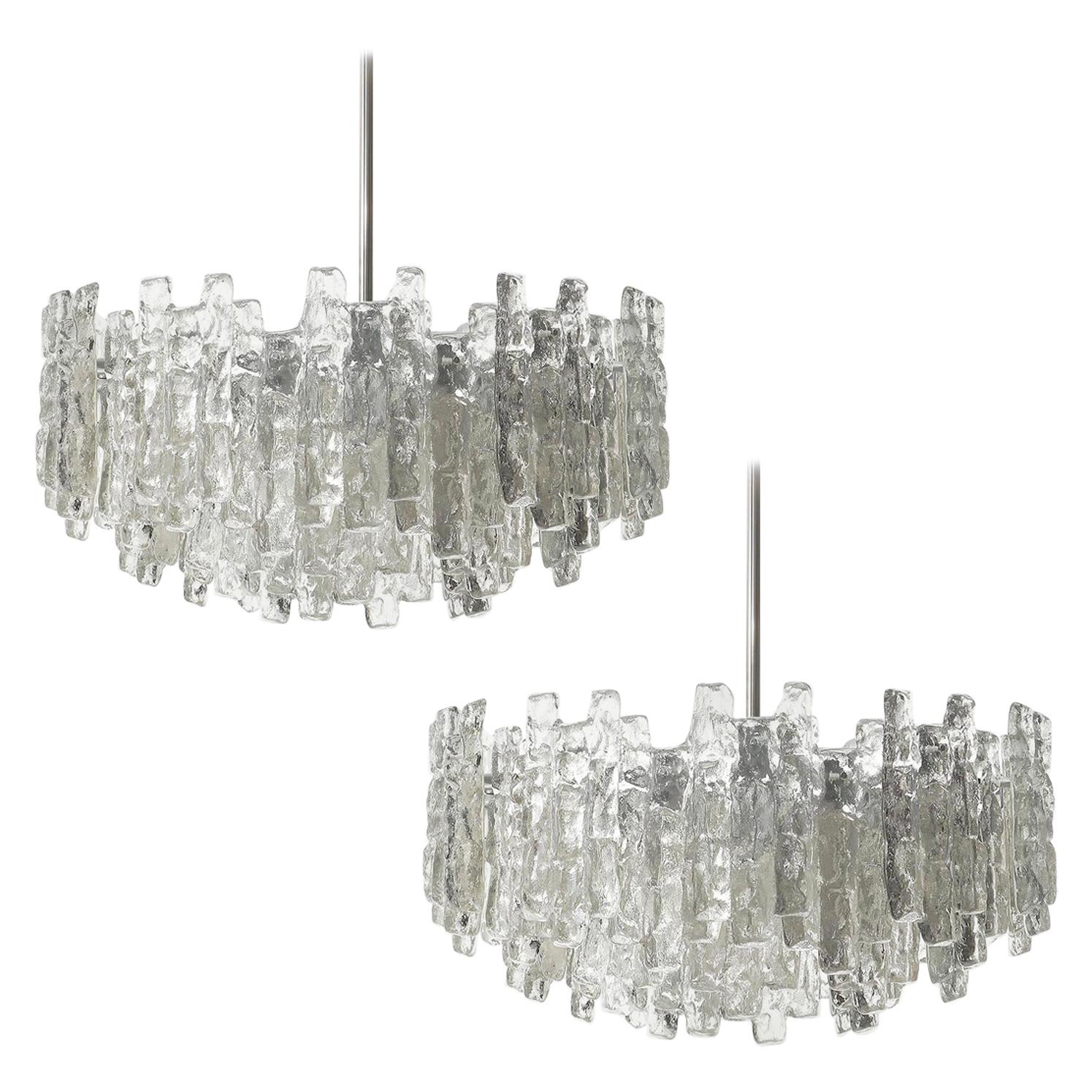 One of Two Huge Kalmar Chandeliers, Ice Glass and Nickel, Austria, 1960s