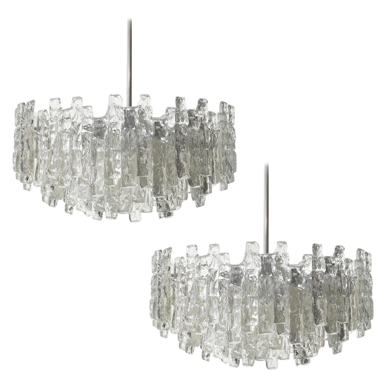 One of Two Huge Kalmar Chandeliers, Ice Glass and Nickel, Austria, 1960s