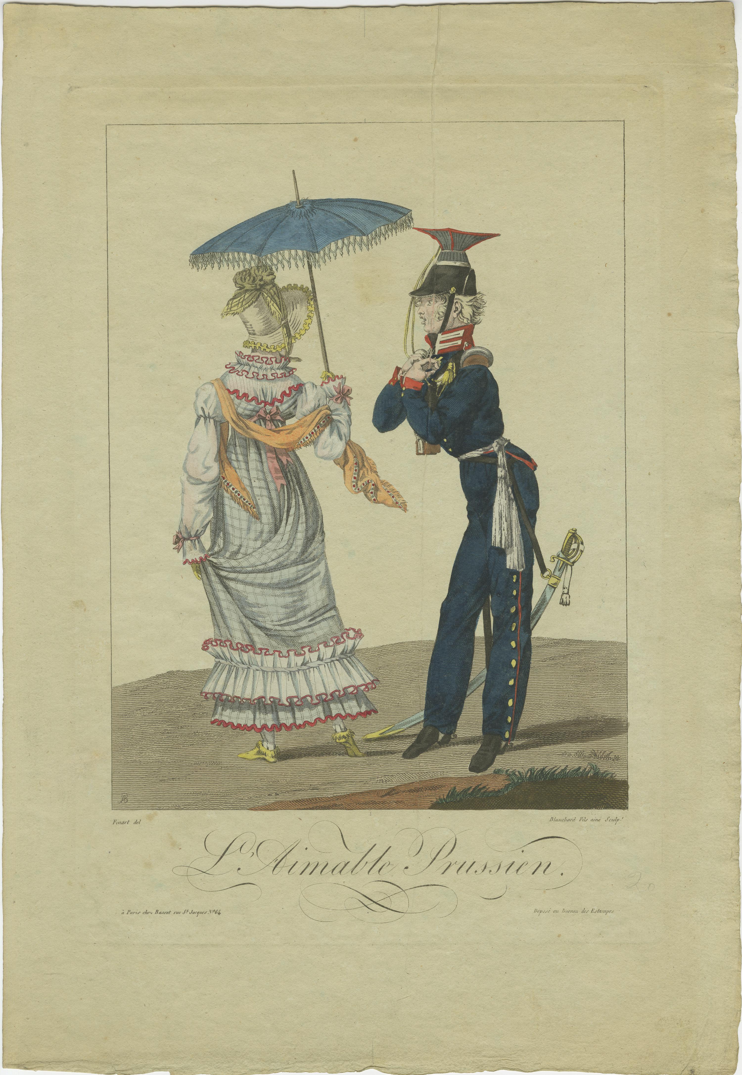 Two hundred year old engraving of a Prussian soldier being friendly to a nicely dressed lady holding an umbrella. 

Les Alliés à Paris and 1815, Scenes de Moeurs: La Nouvelle fashion ou l'Ecossais à Paris. Friendly Soldier from Prussian regiment