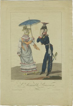 Two Hundred Year Old Engraving of a Prussian Soldier and a Lady, 1815