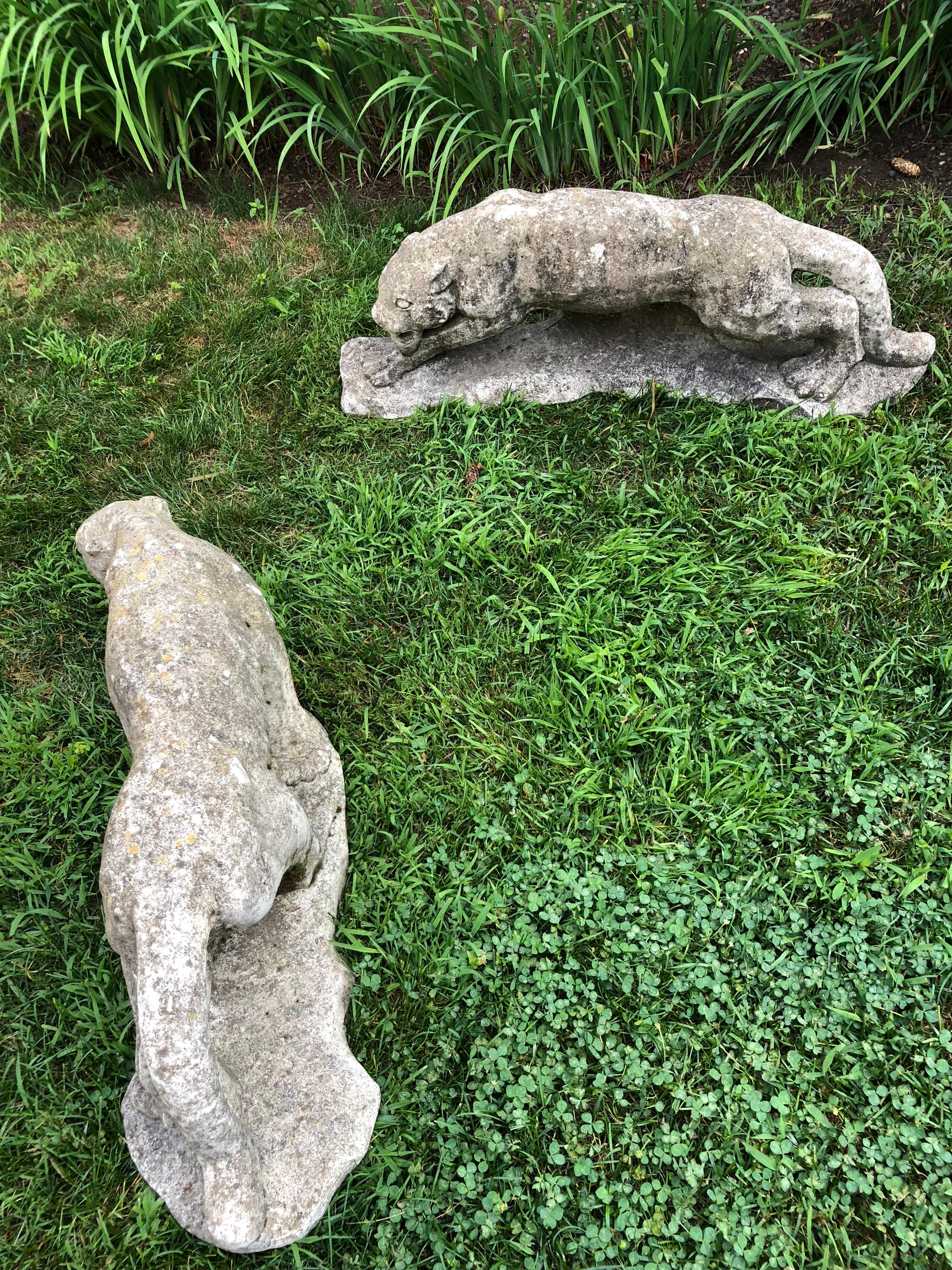 Two Identical English Cast Stone Crouched Panthers 9