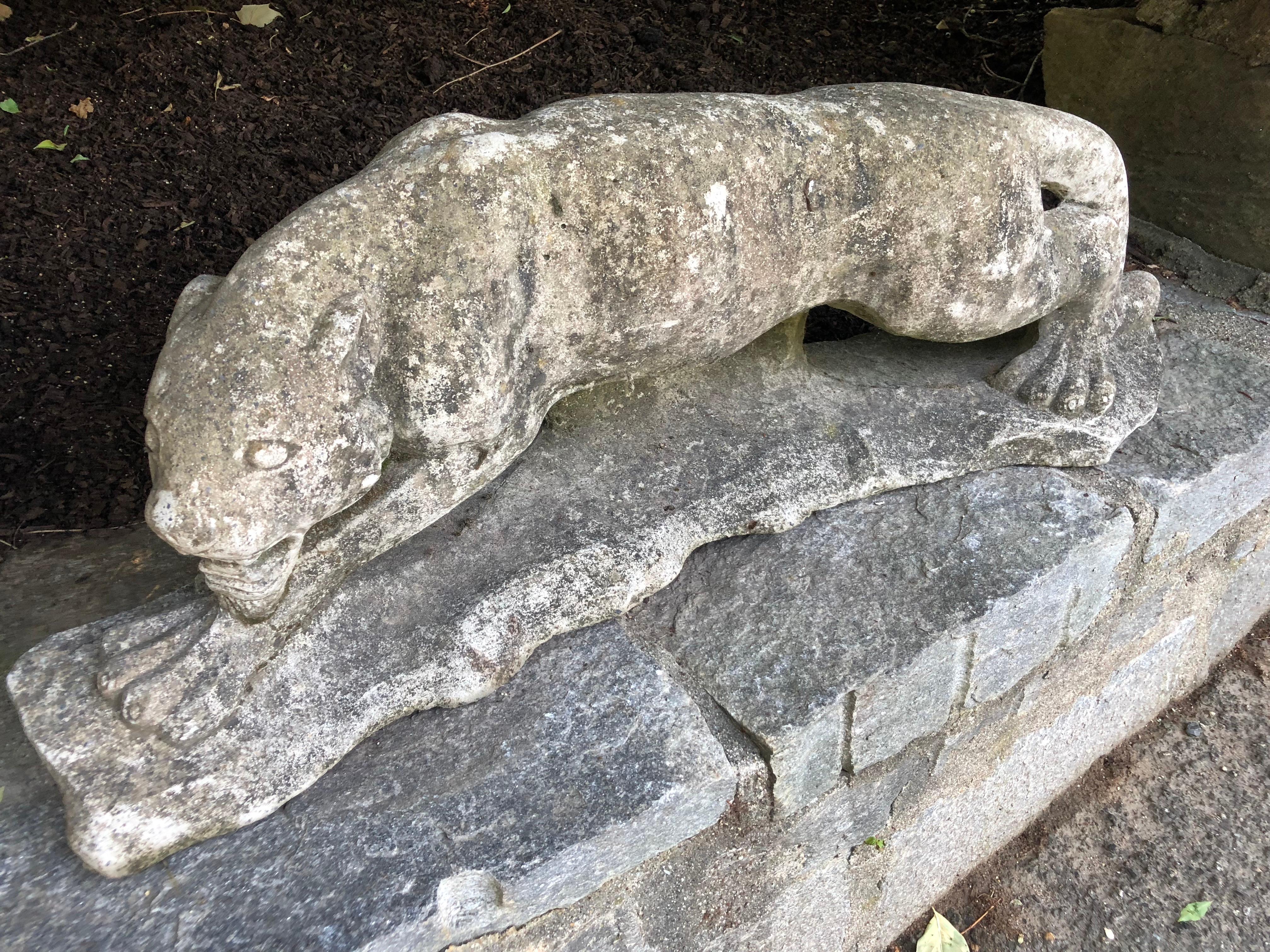 Two Identical English Cast Stone Crouched Panthers 13