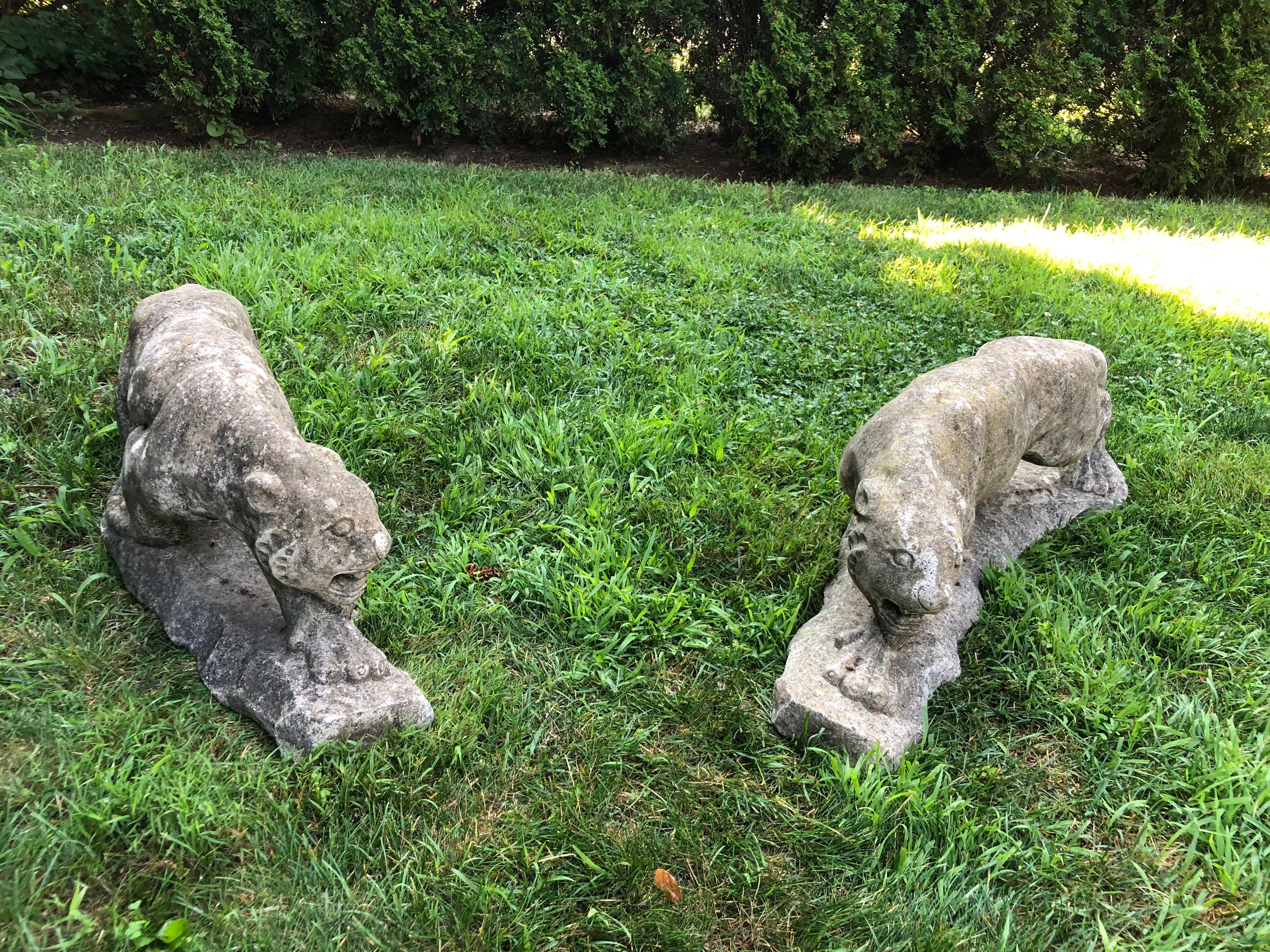 Two Identical English Cast Stone Crouched Panthers 3