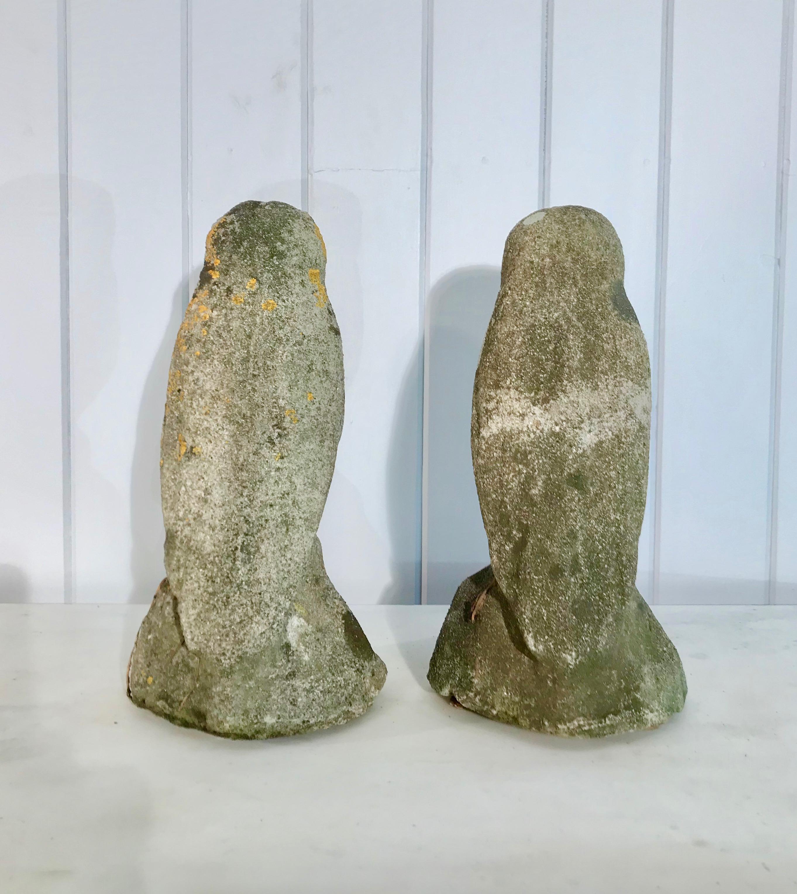 Two Identical English Heavily-Lichened Cast Stone Owls In Good Condition In Woodbury, CT