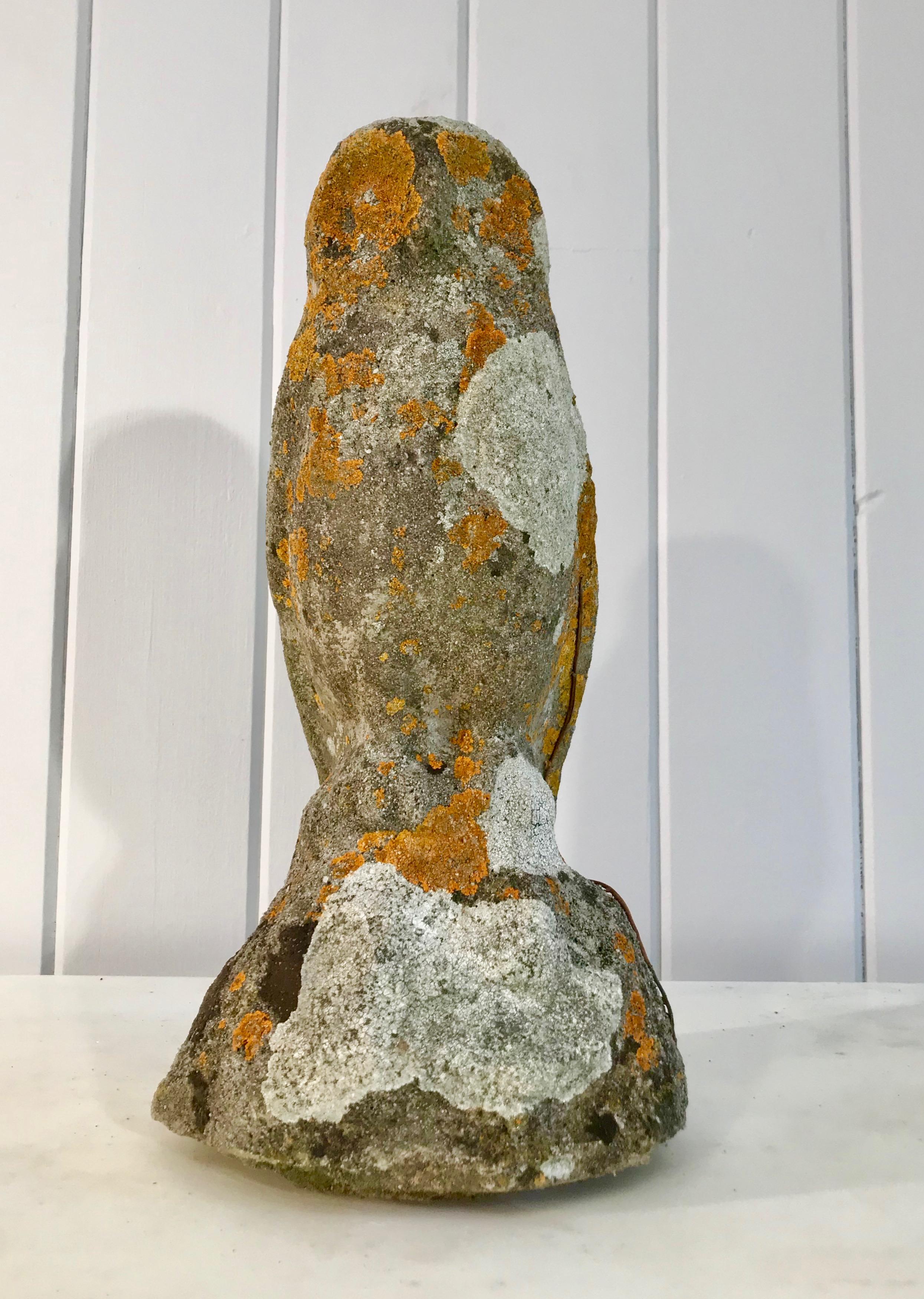 20th Century Two Identical English Heavily-Lichened Cast Stone Owls