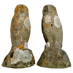 Two Identical English Heavily-Lichened Cast Stone Owls