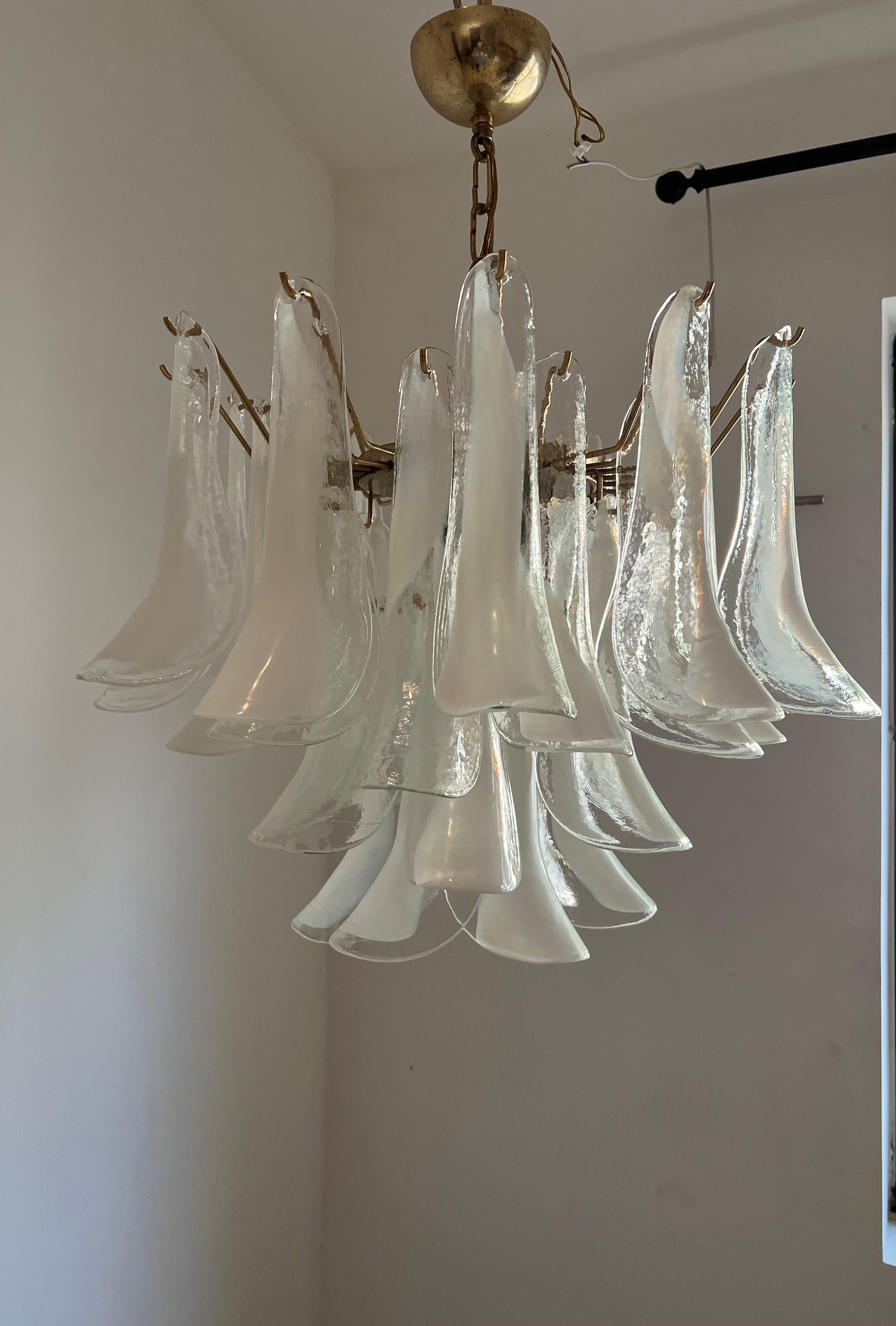 Pair of signed clear and white Murano glass chandeliers by La Murrina, consisting of 36 petals and every one bears a 