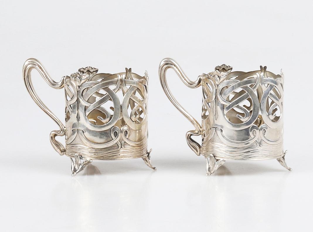 Art Nouveau Two Imperial Russian I.Khlebnikov Glass Holders solid 84 Silver / 250gr For Sale
