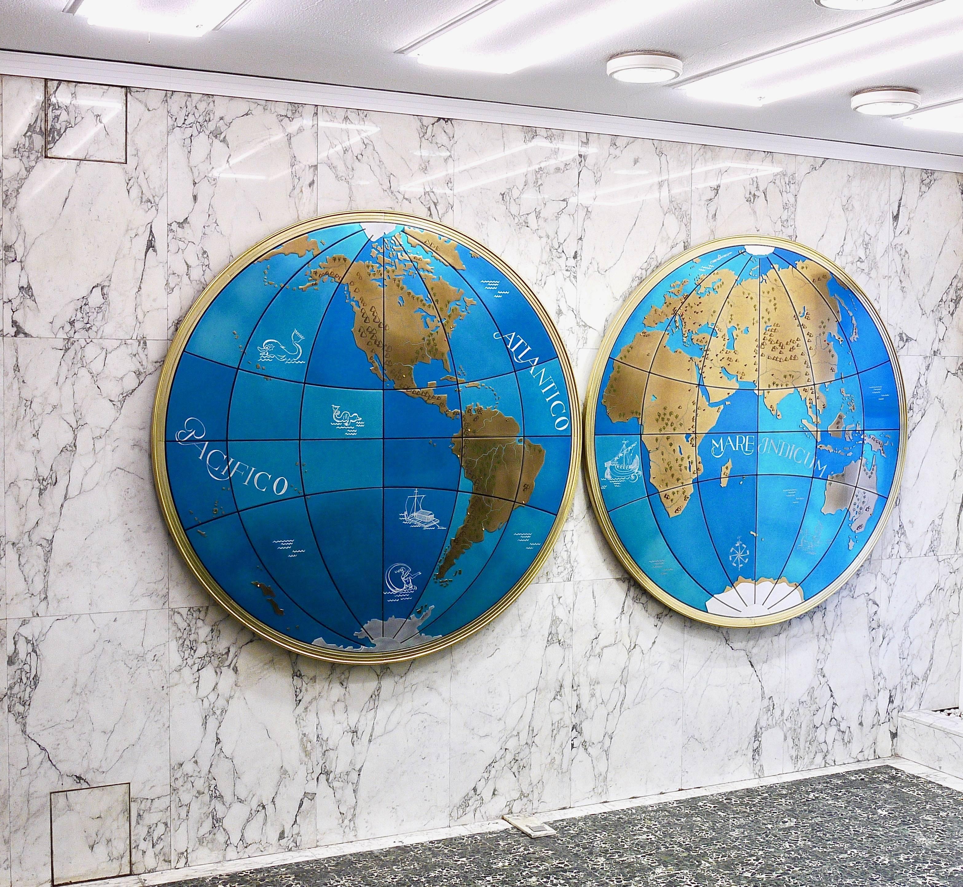 Aluminum Two Impressive and Huge Midcentury World Map Wall Globes, Austria, 1950s For Sale