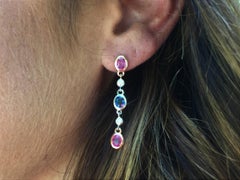Two Inch Long Pink Blue Yellow Sapphire Diamond Gold Earrings Weighing 6 Carat