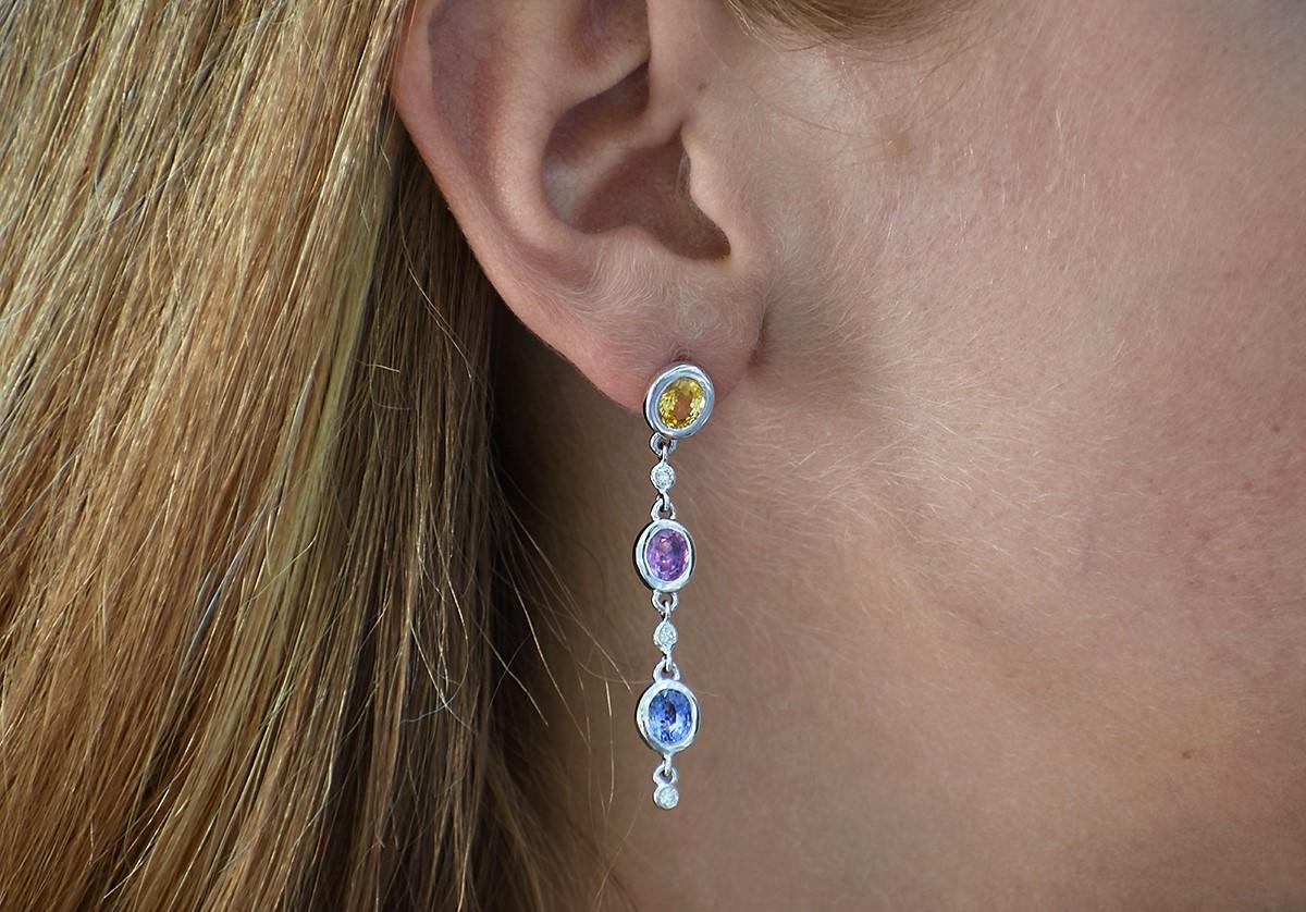 Contemporary Two Inch Long Pink Blue Yellow Sapphire Diamond Gold Earrings Weighing 6 Carat