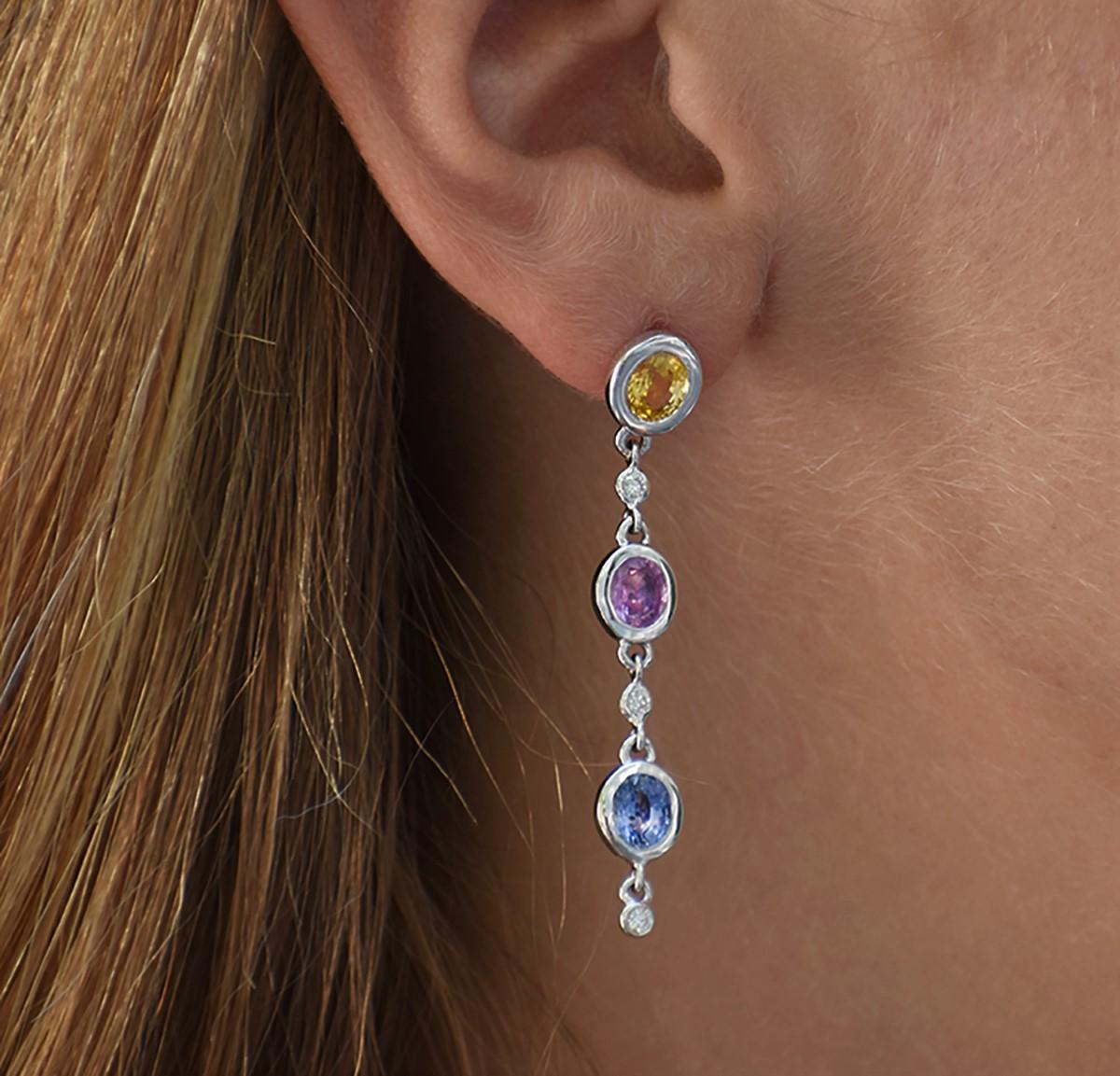 Round Cut Two Inch Long Pink Blue Yellow Sapphire Diamond Gold Earrings Weighing 6 Carat