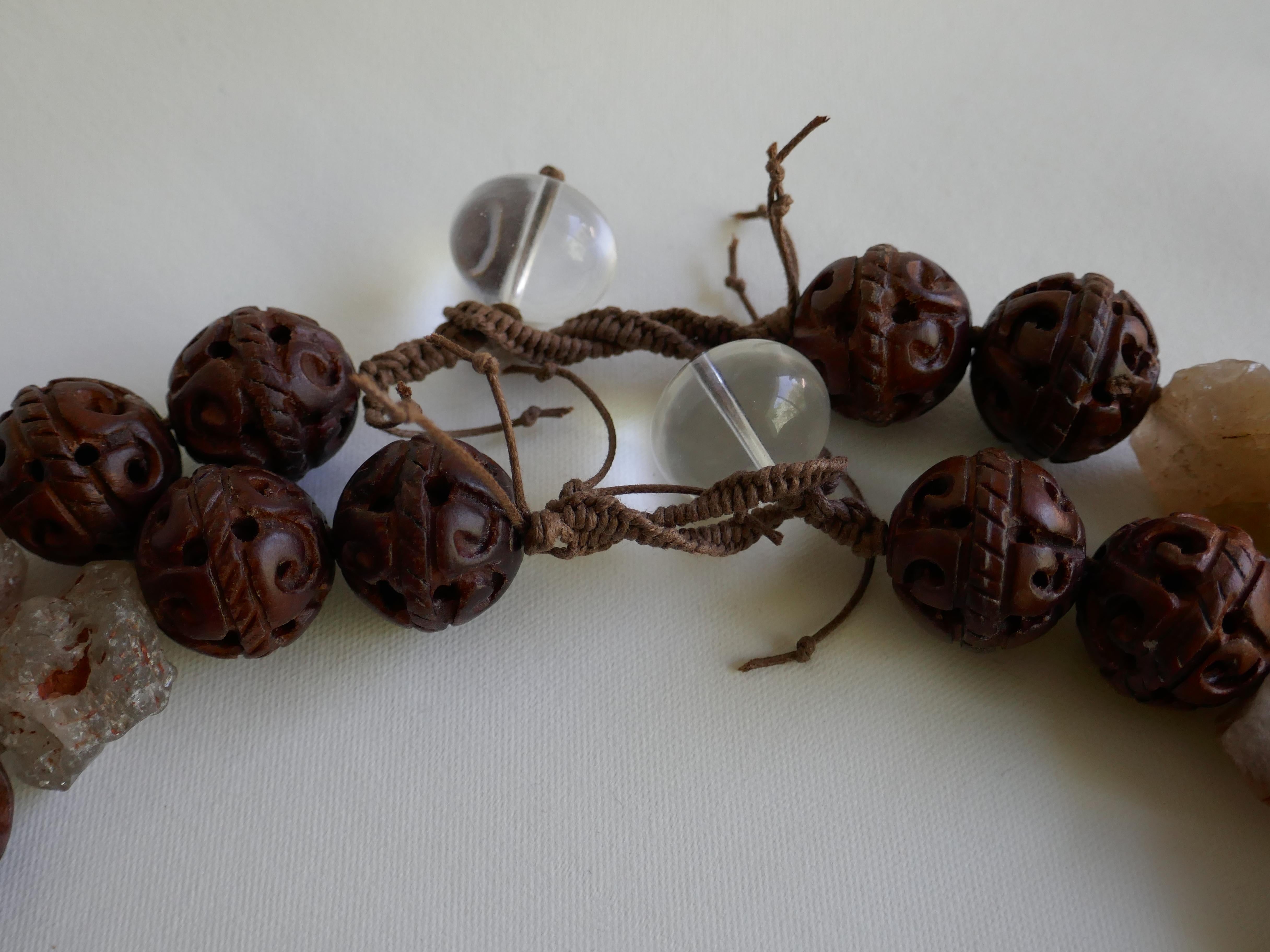 Two Individual Carved 20mm Wood Smokey Quartz Gemstone Necklaces In New Condition In Coral Gables, FL