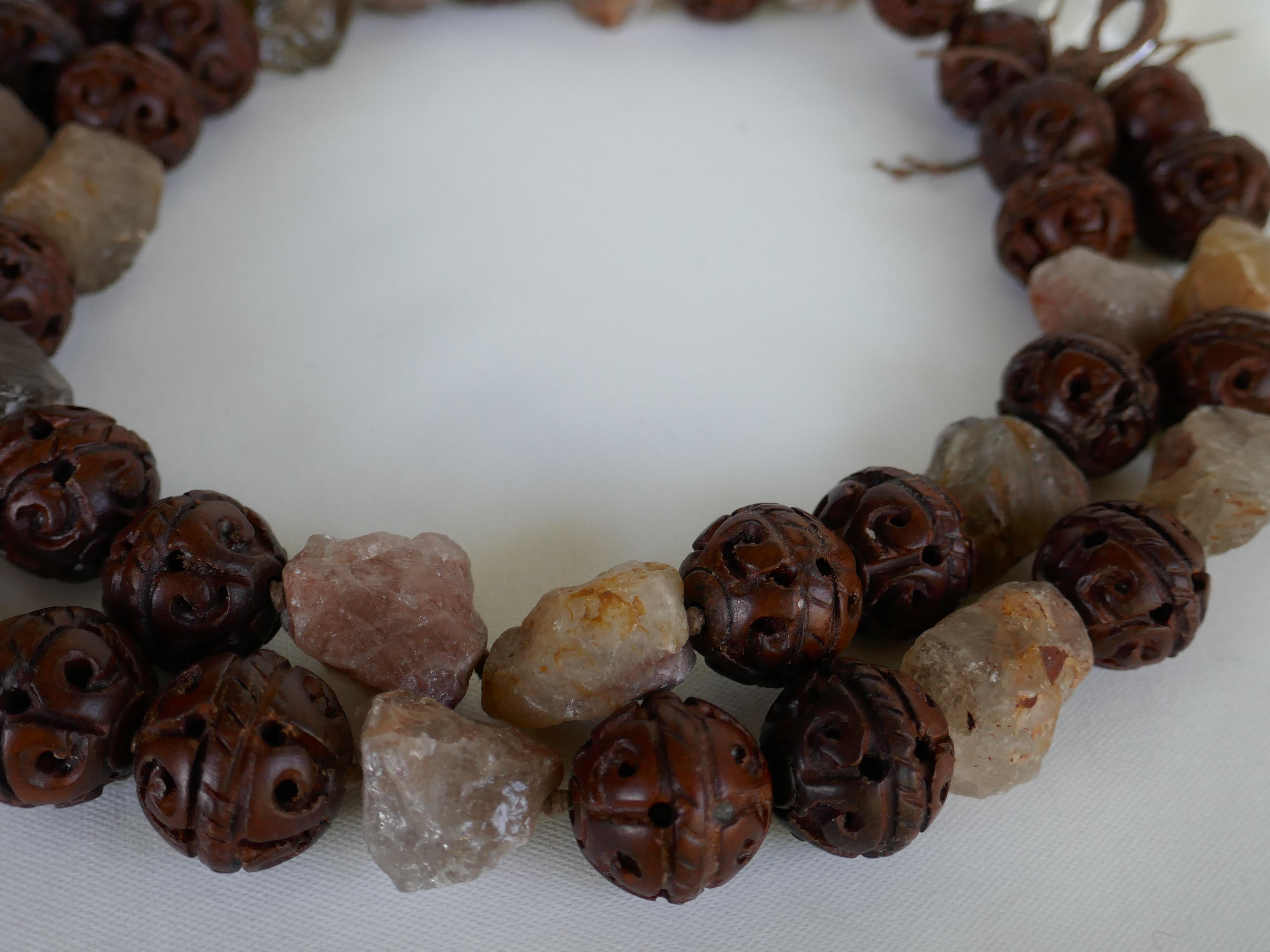 Two Individual Carved 20mm Wood Smokey Quartz Gemstone Necklaces 2