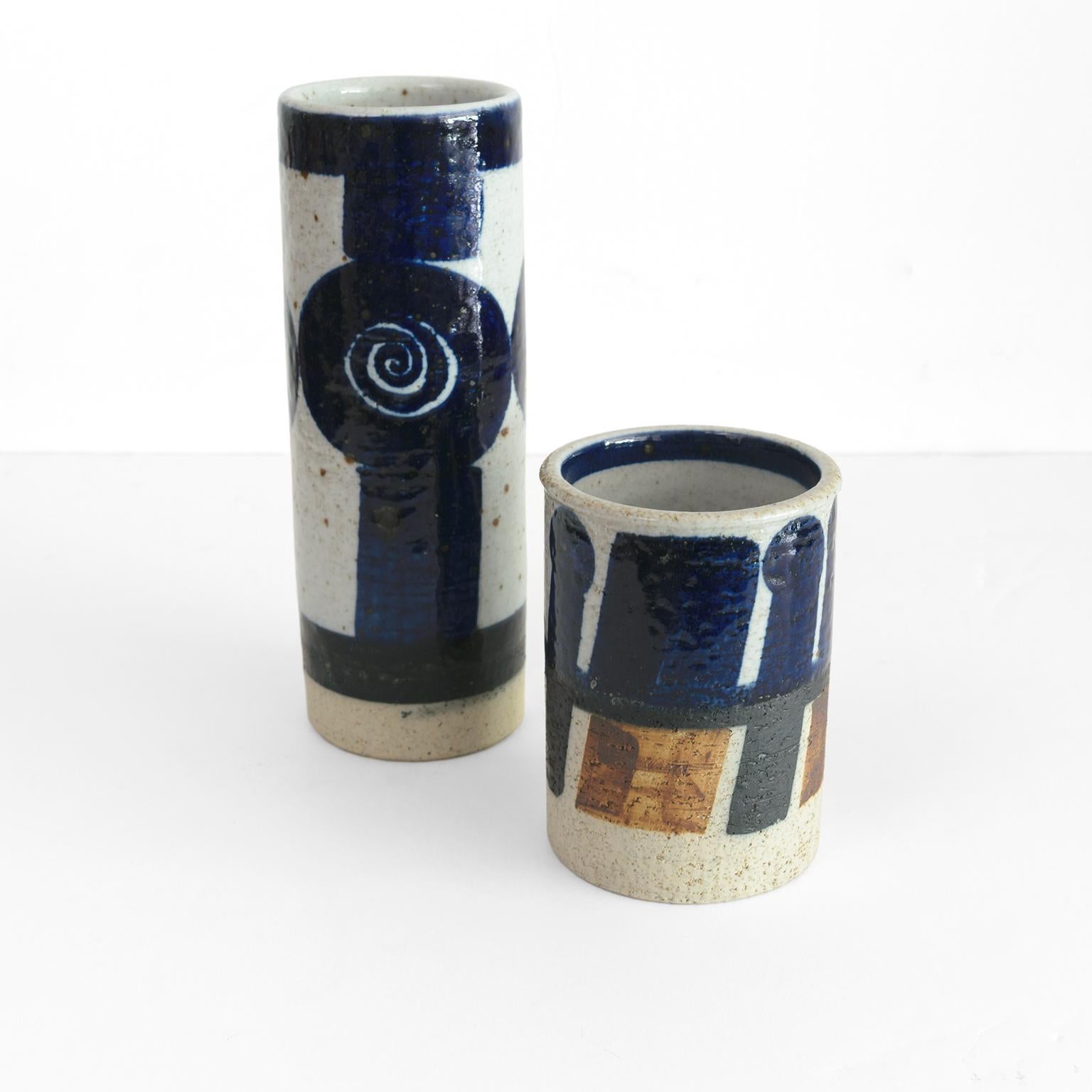 Scandinavian Modern Two Inger Perrson, Rorstrand Studio Ceramic Vases in Blue, Black and White For Sale