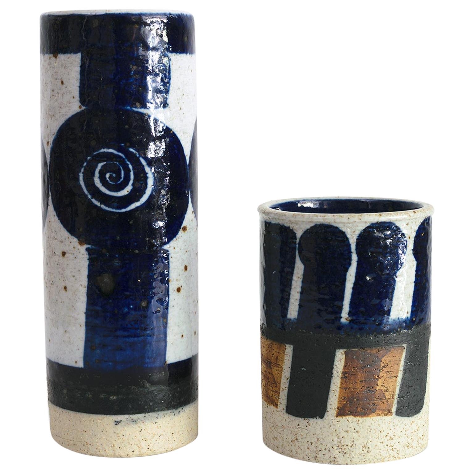 Two Inger Perrson, Rorstrand Studio Ceramic Vases in Blue, Black and White For Sale
