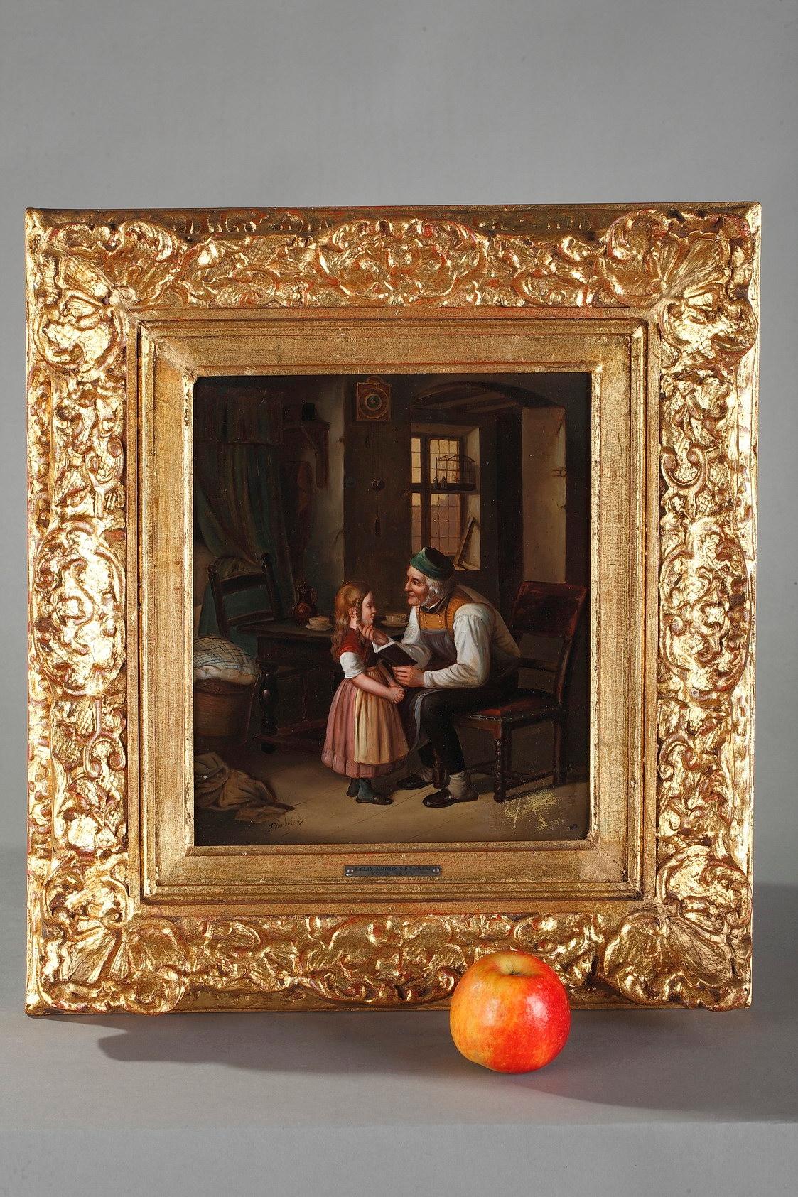 Pair of oil on copper paintings featuring two intimist scenes. One of them captures a grandfather reading tenderly to his granddaughter, the other one, a young mother dressing her little boy. Both scenes take place in highly detailed, rustic