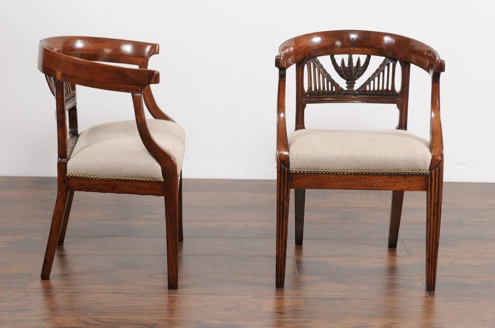19th Century Two Italian 1800s Carved Walnut Upholstered Armchairs Sold Individually For Sale