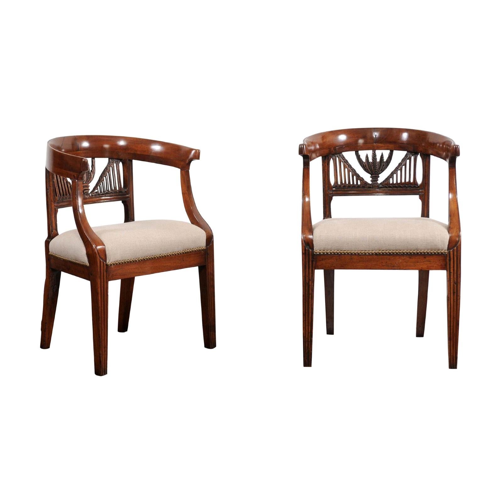 Two Italian 1800s Carved Walnut Upholstered Armchairs Sold Individually