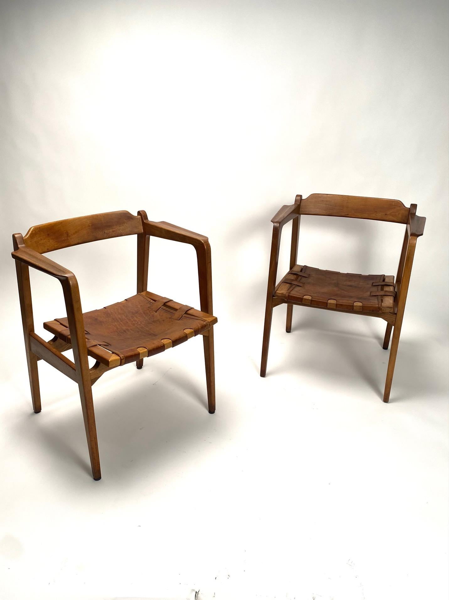 Mid-Century Modern Two Italian Armchairs, Solid Wood and Leather, Italy, 1960s