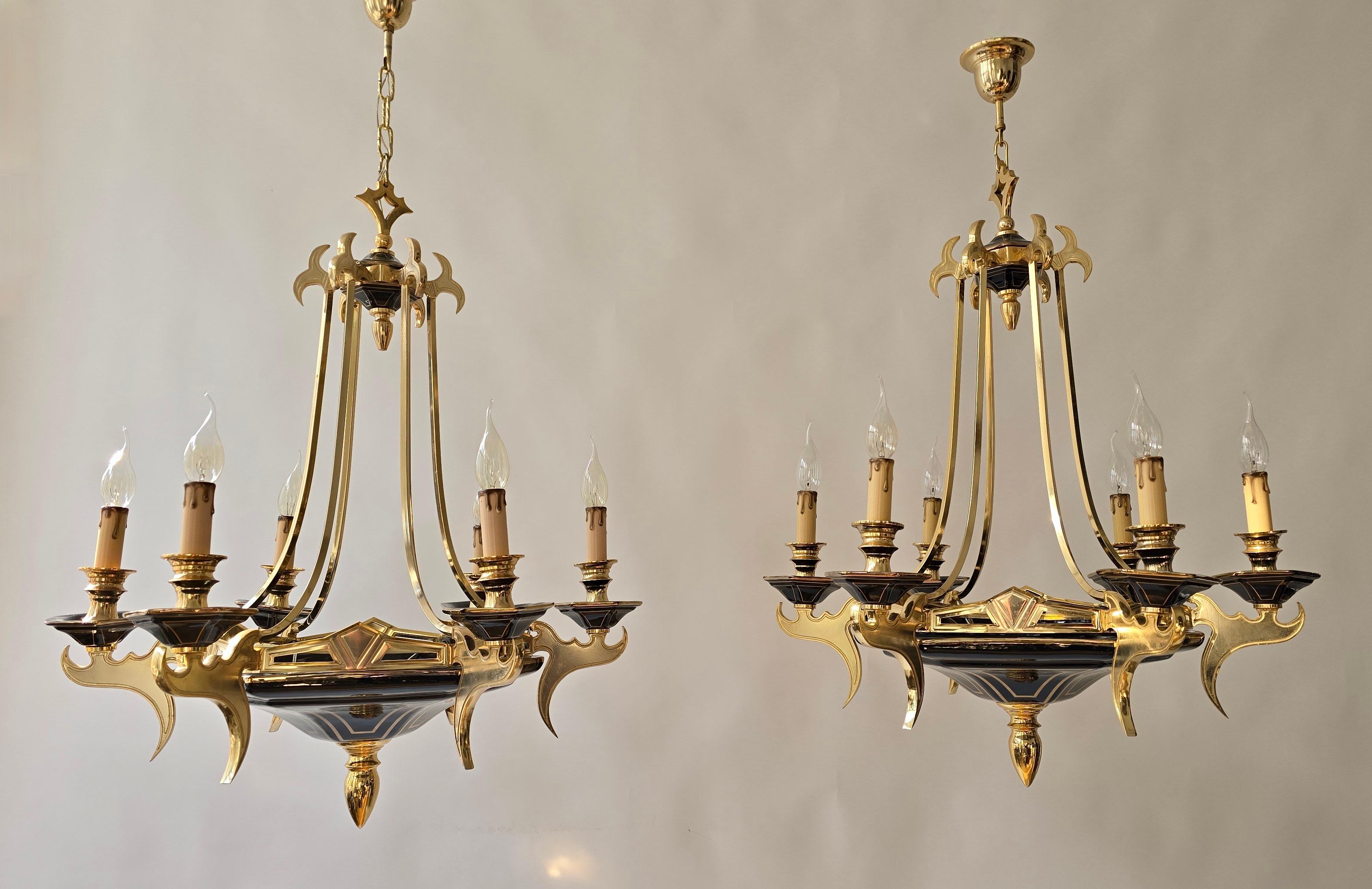 Hollywood Regency Two Italian Brass and Porcelain Chandeliers, circa 1970-1980 For Sale