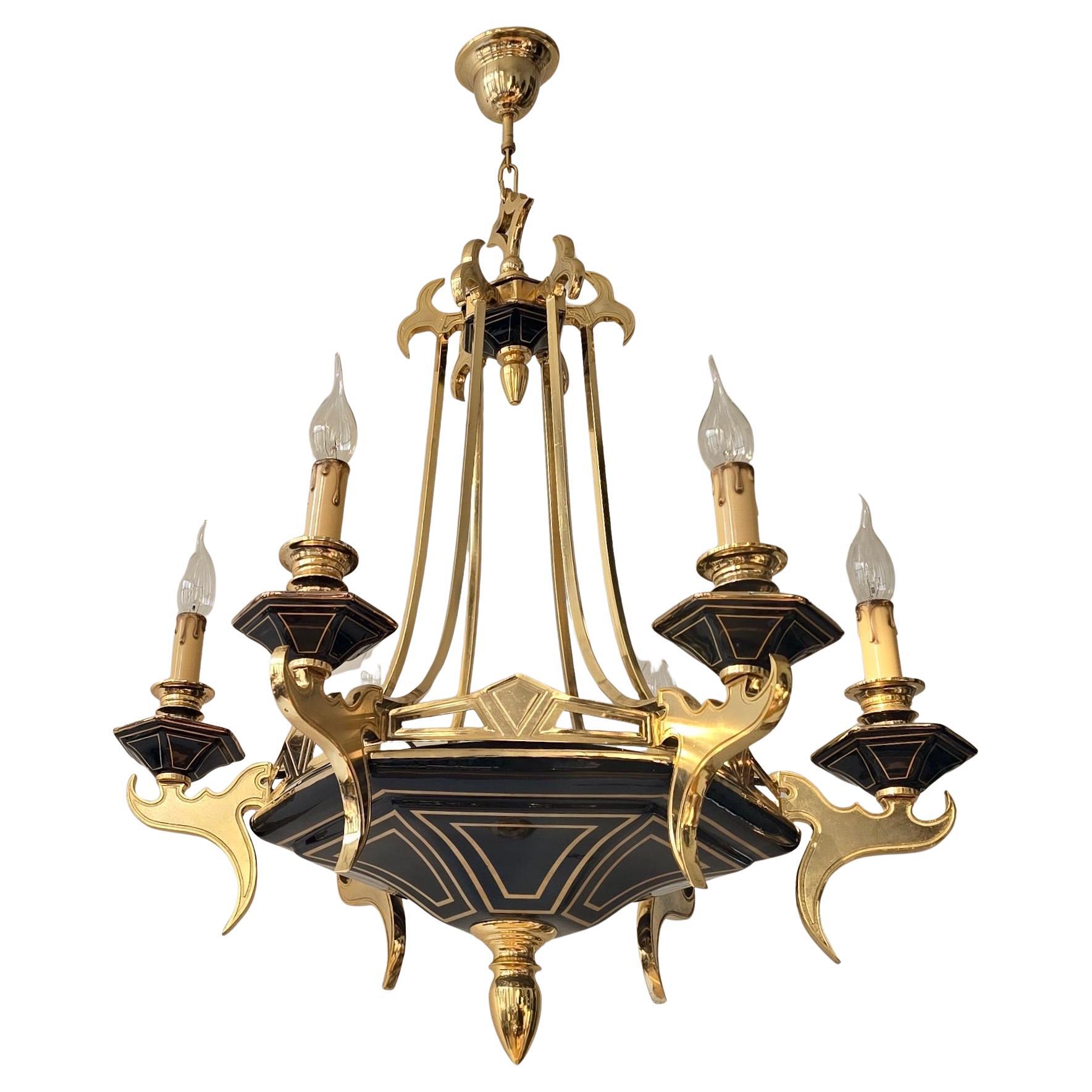 Two Italian Brass and Porcelain Chandeliers, circa 1970-1980 For Sale