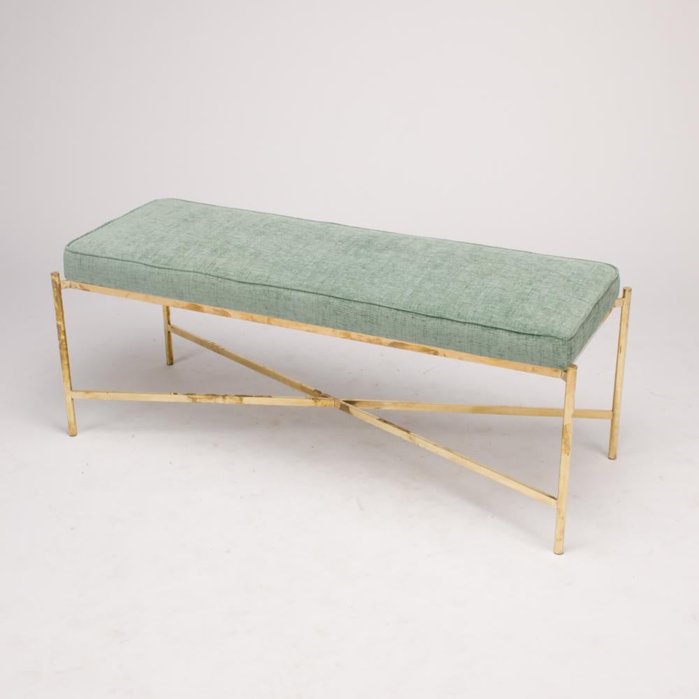 A modern pair of Italian brass and upholstered benches having an X form base, Circa 1950. Price is for one bench.